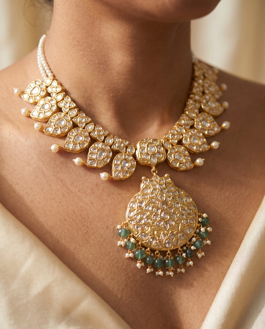 Handcrafted 22kt Gold Short Reversible Mango Mala with Pendant and 7 Carat Certified Syndicate Polki in Mango Motif Thapa Work