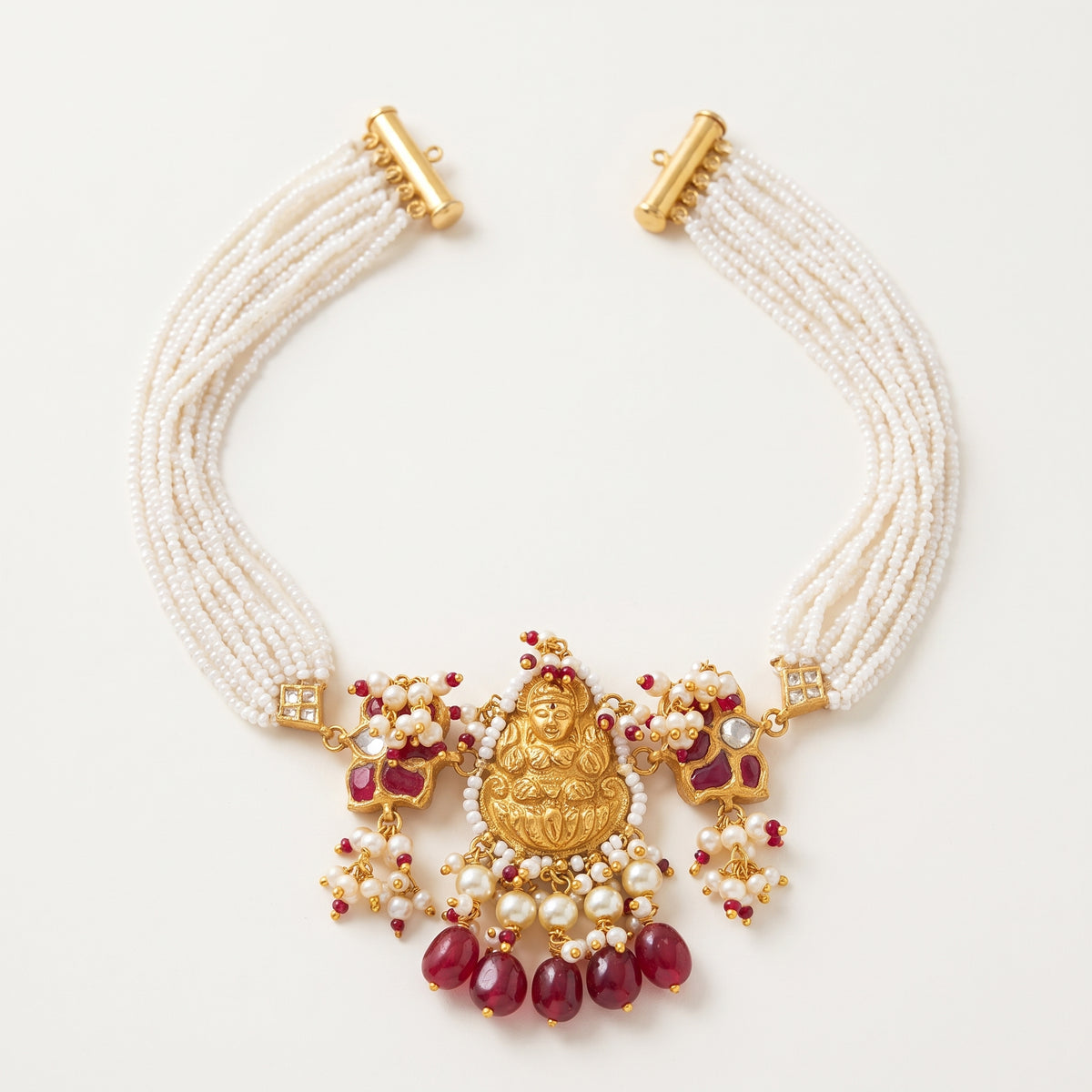Handcrafted 22kt Gold Lakshmi Choker with Goddess Lakshmi Motif and Certified Syndicate Polki in Thapa Work