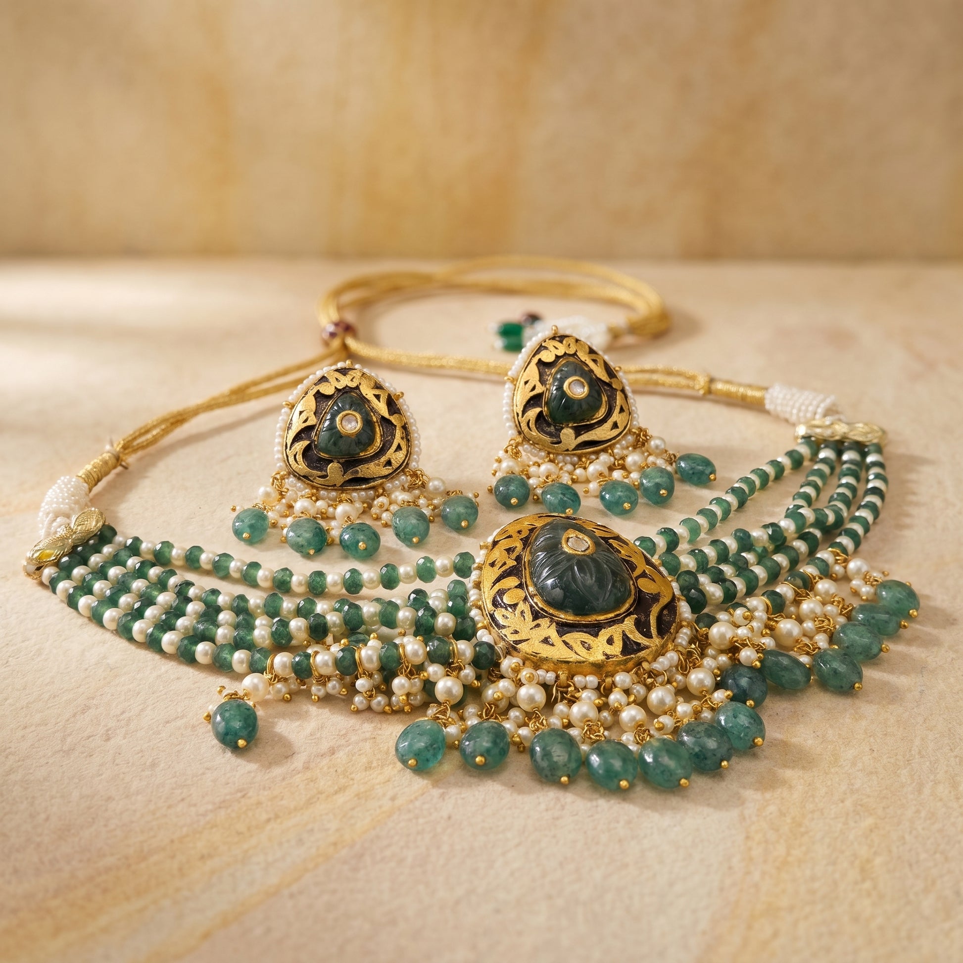 Jharoka Diamond green stone choker set | Vama Gears