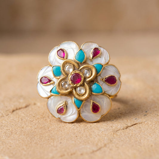 Jharoka Flower stone turquoise cocktail ring | Vama Gears