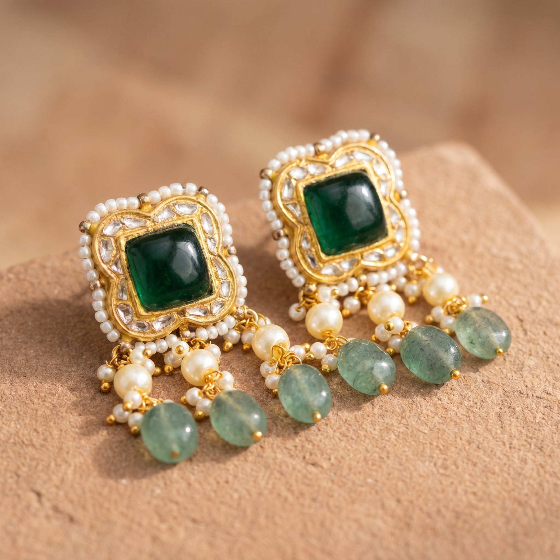 Jharoka Green square earrings | Vama Gears