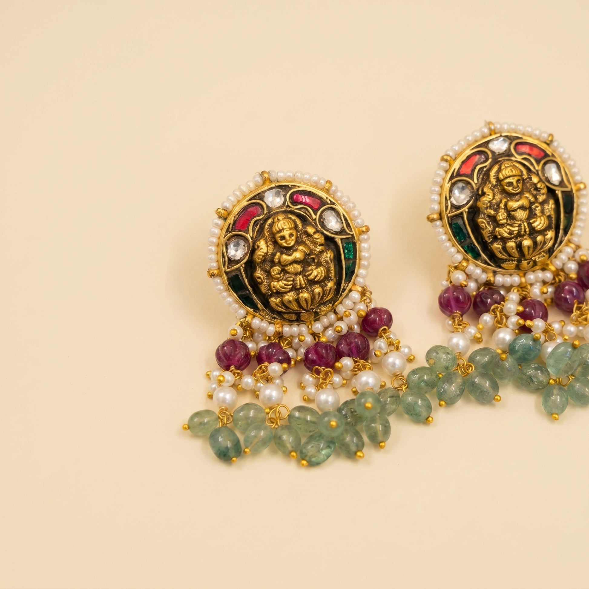 Jharoka Lakshmi ji small round studs with danglers | Vama Gears