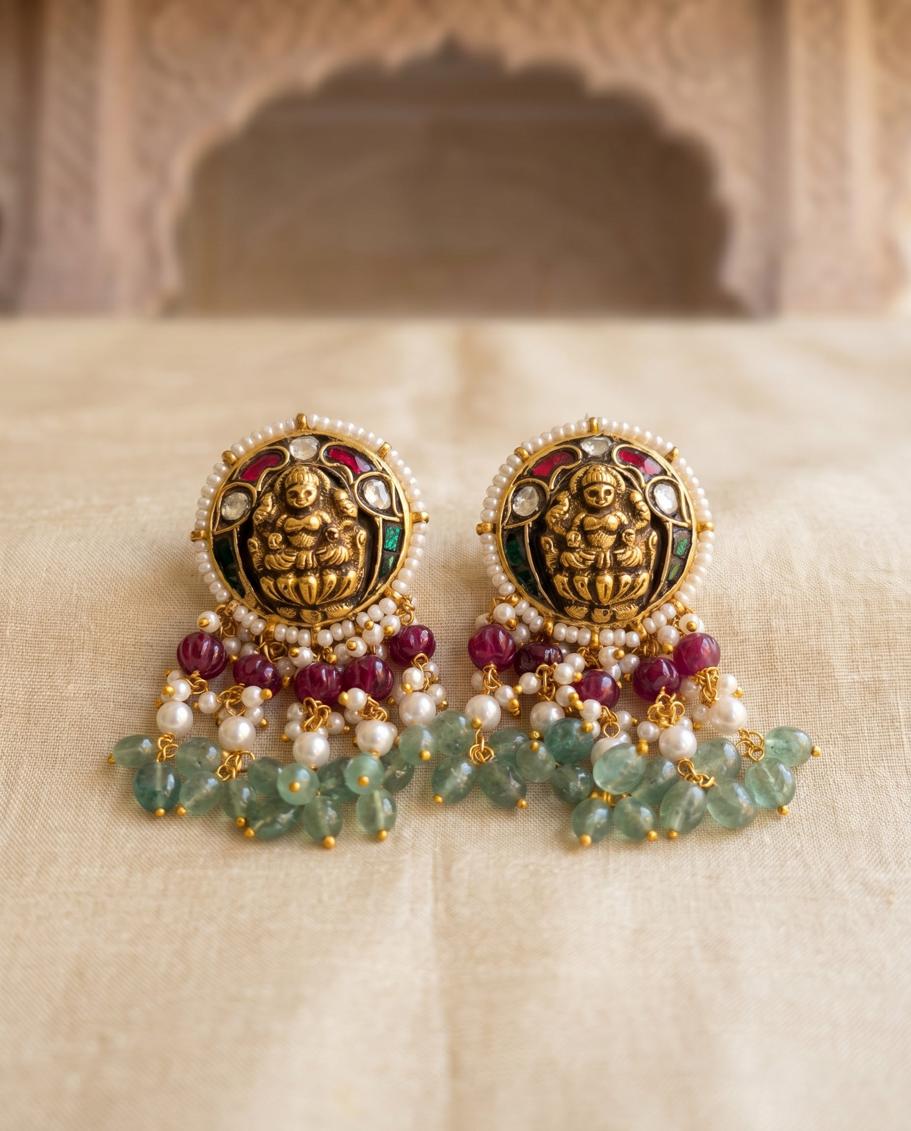 Jharoka Lakshmi ji small round studs with danglers | Vama Gears