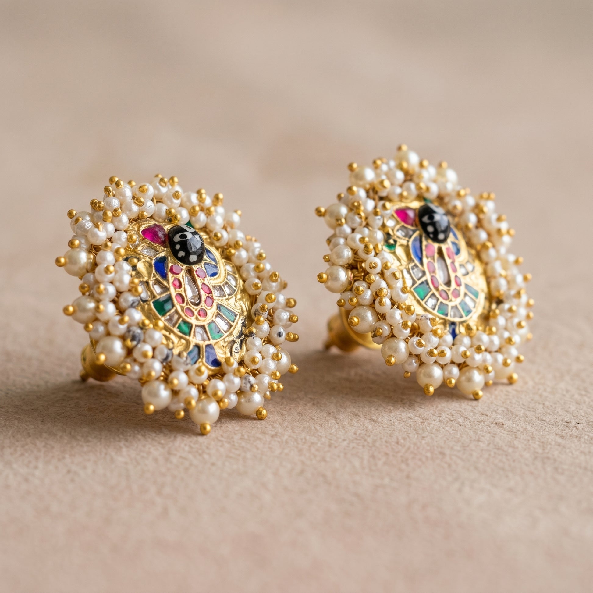 Handcrafted 22kt Gold Shreenathji Pearl Studs with 2 Carat Certified Syndicate Polki and Pearls in Devotional Thapa Work