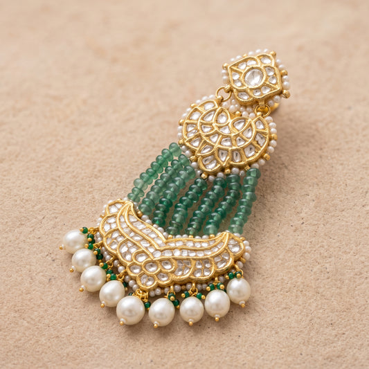 Handcrafted 22kt Gold Three Layer Chandbali Earrings with 5 Carat Certified Syndicate Polki and Green Bead Drops in Cascading Crescent Thapa Work