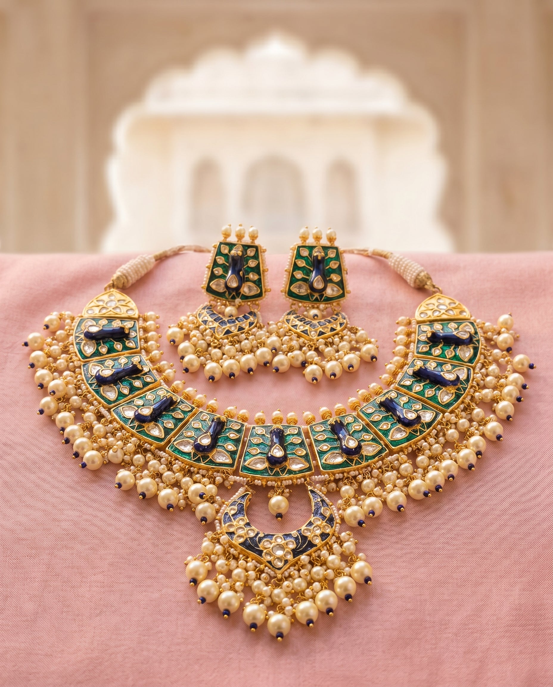 Jharoka Peacock blue green meenakari set | Vama Gears