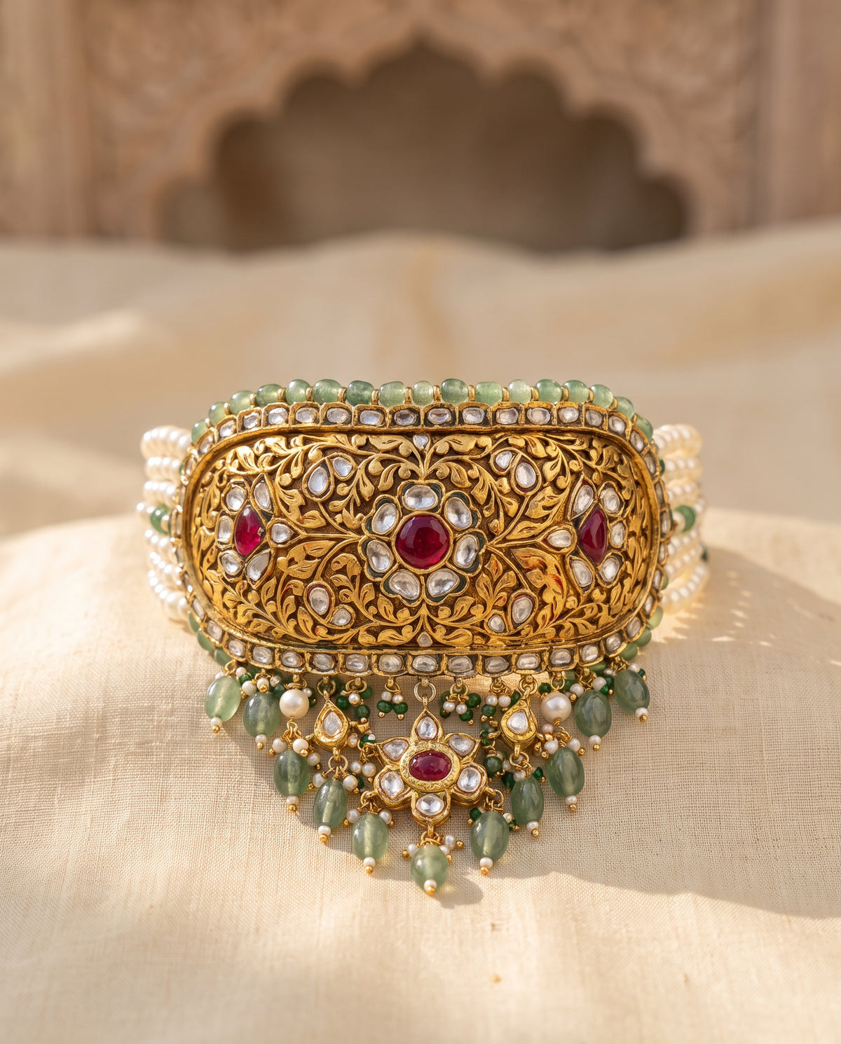 Handcrafted 22kt Gold Pratash Choker Set with 9 Carat Certified Syndicate Polki in Thapa Work