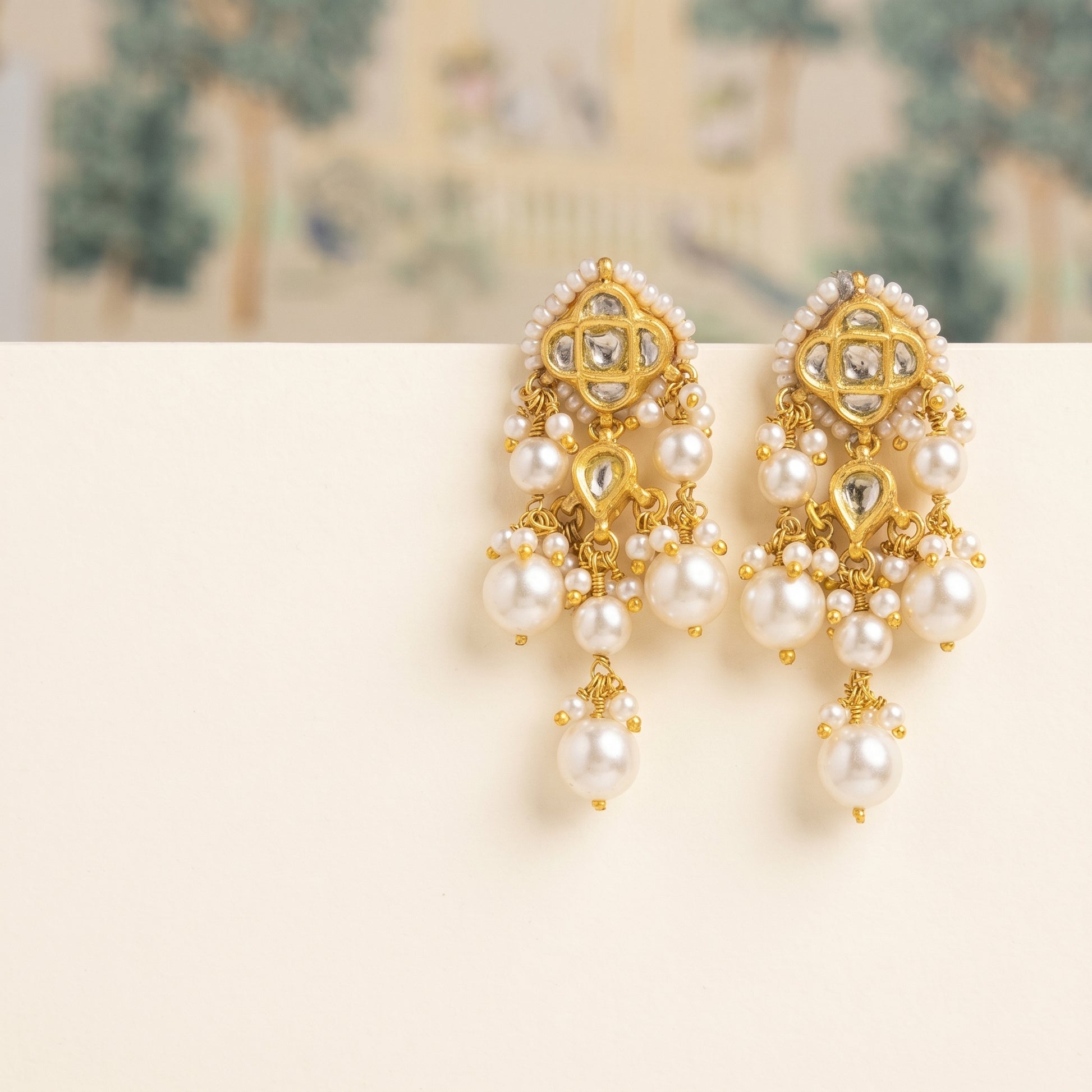 Handcrafted 22kt Gold White Chowfully Earrings with Certified Syndicate Polki and White Semi Precious Stones in Floral Cluster Thapa Work