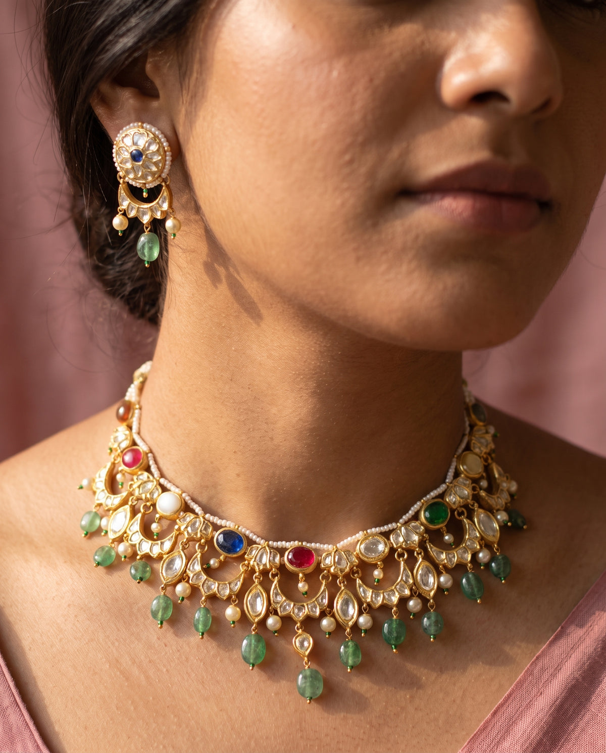 Handcrafted 22kt Gold Navratan Moon Reversible Set with 5 Carat Certified Syndicate Polki and Multi-Colour Semi Precious Stones in Thapa Work