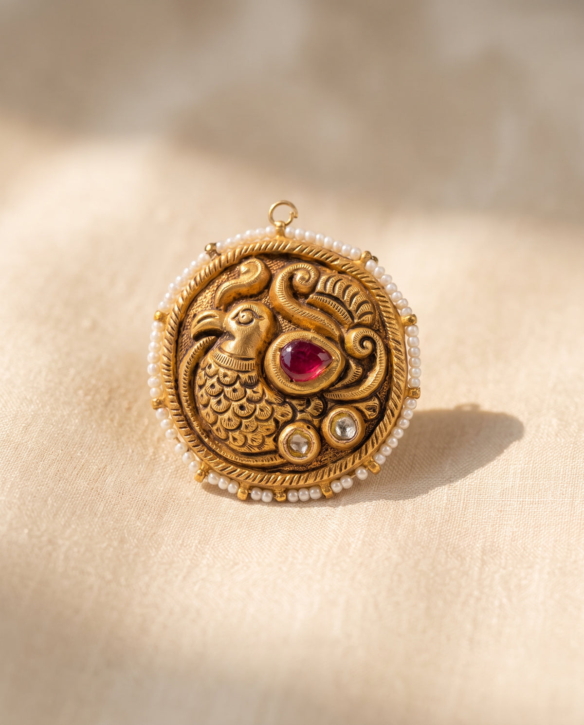 Handcrafted 22kt Gold Peacock Antique Pendant with Certified Syndicate Polki in Antique Finish Peacock Motif Thapa Work