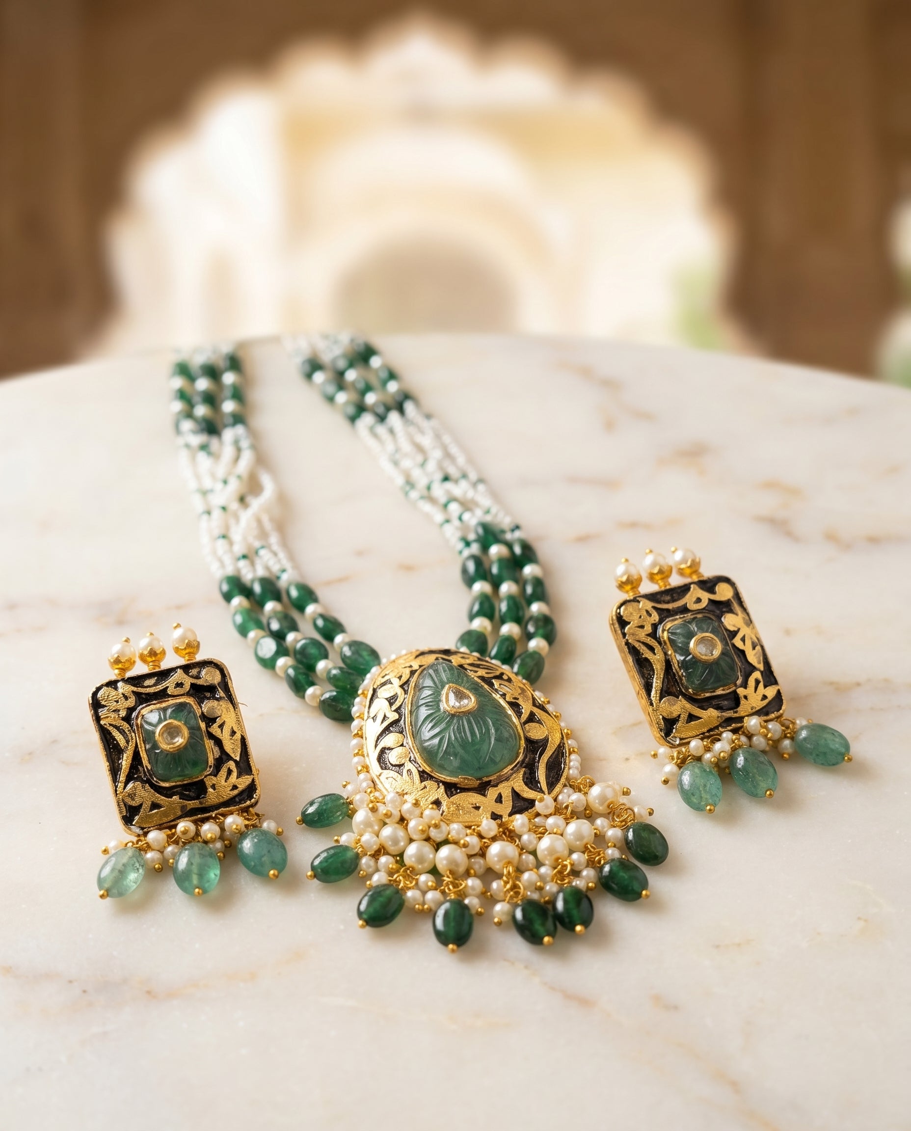 Jharoka Diamond green stone pendant set | Vama Gears