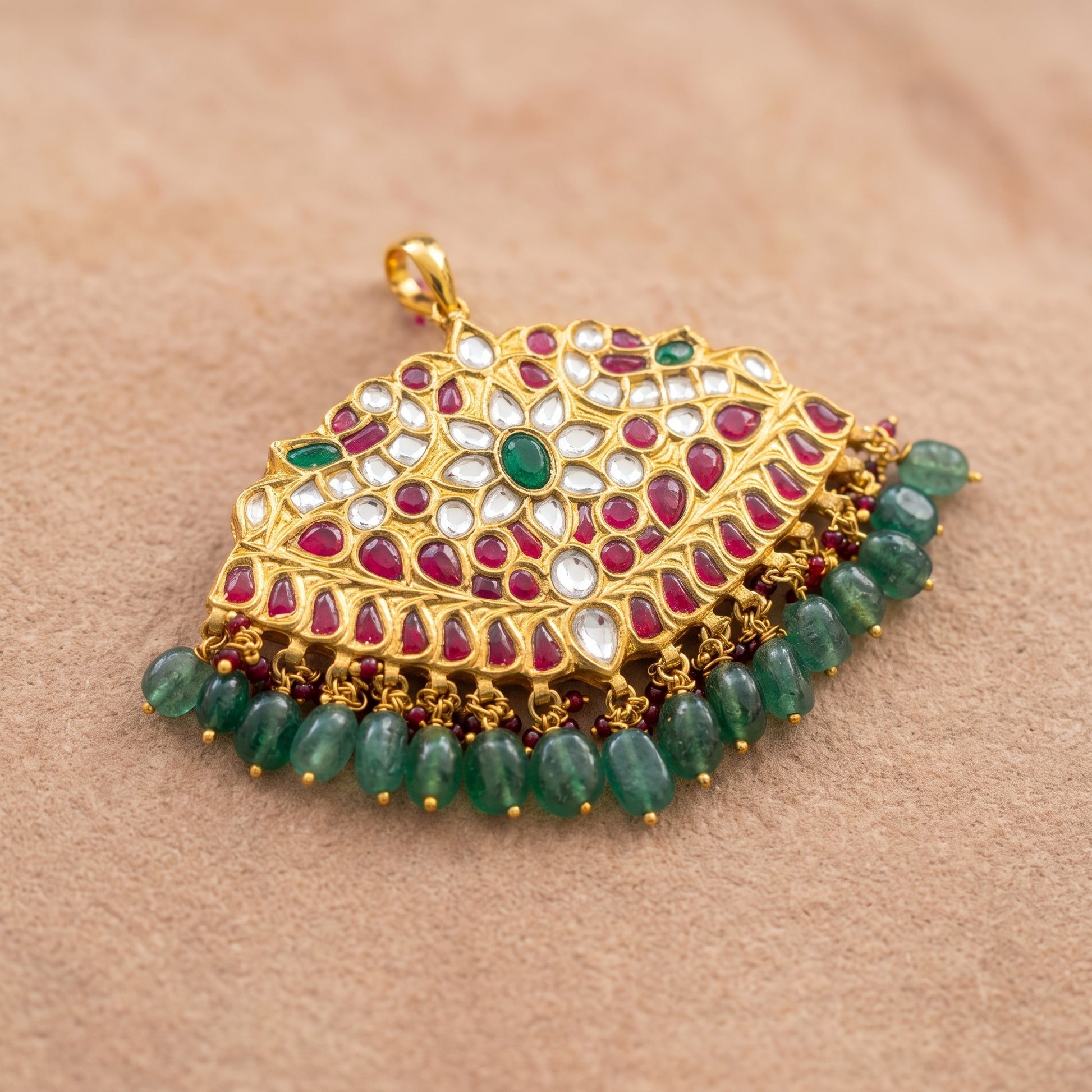 Handcrafted 22kt Gold Mango Pendant with 3 Carat Certified Syndicate Polki in Traditional Mango Keri Motif Thapa Work