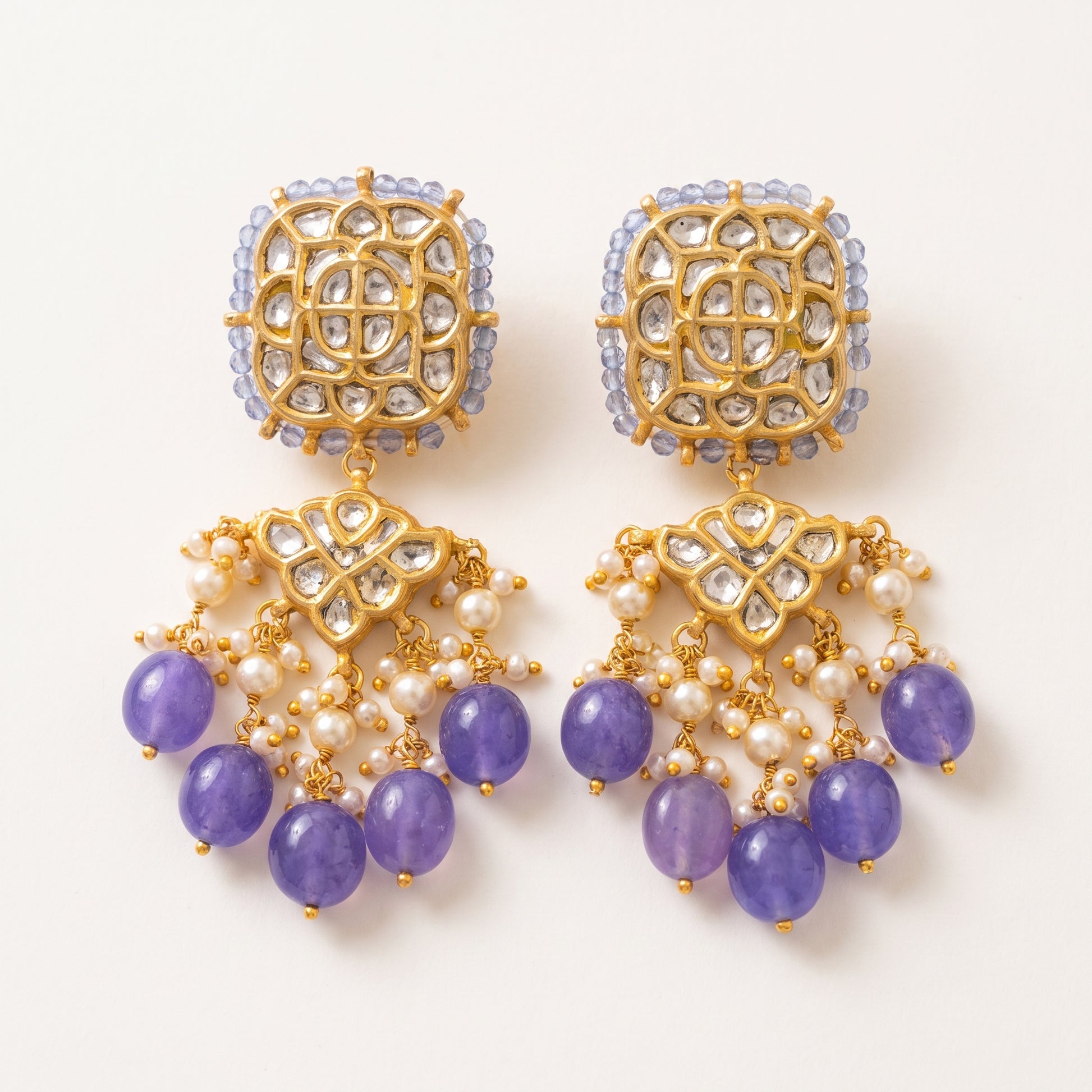 Handcrafted 22kt Gold Jakarti Earrings with Certified Syndicate Polki in Thapa Work