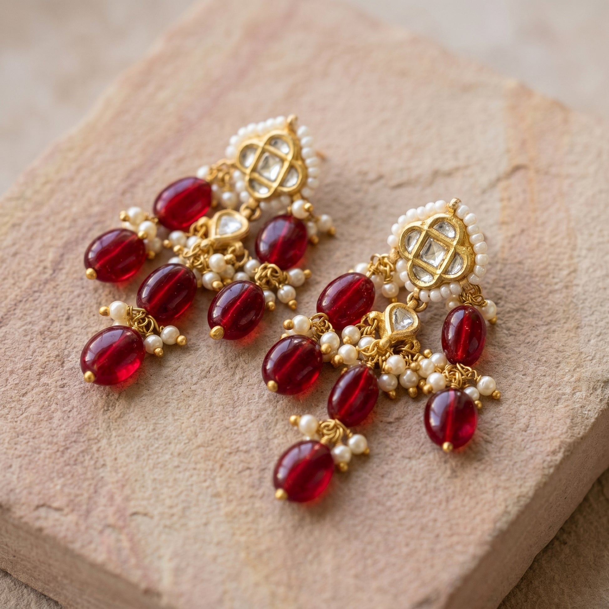 Handcrafted 22kt Gold Red Chowfully Studs with Certified Syndicate Polki and Red Semi Precious Stones in Floral Cluster Thapa Work