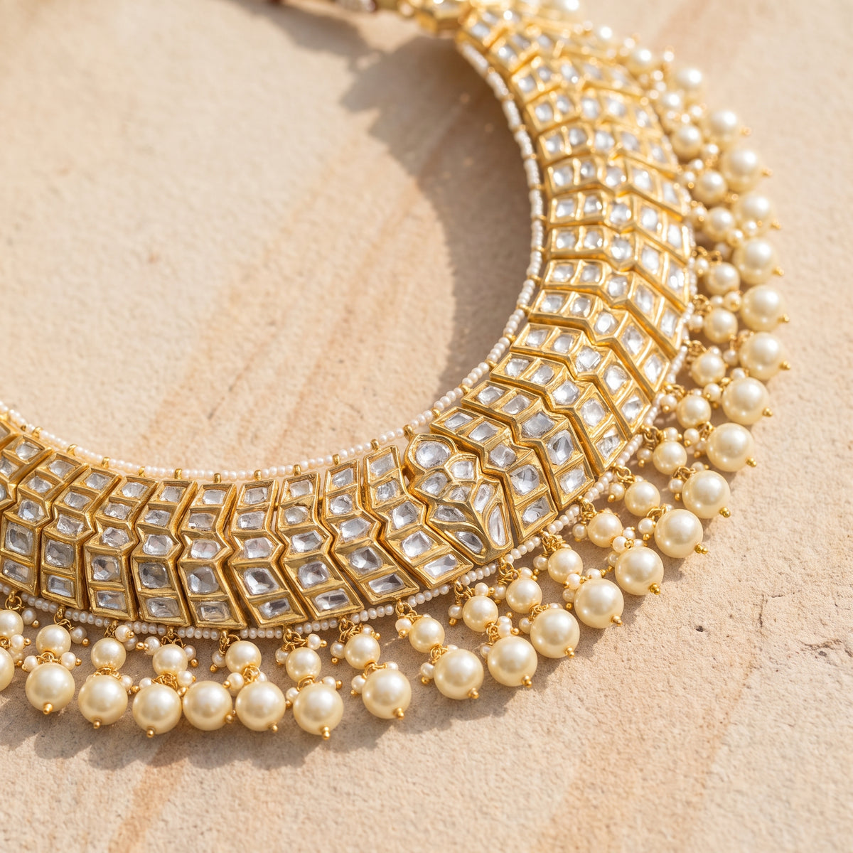 Handcrafted 22kt Gold Zig Zag Set with 22 Carat Certified Syndicate Polki in Zig Zag Layout Thapa Work