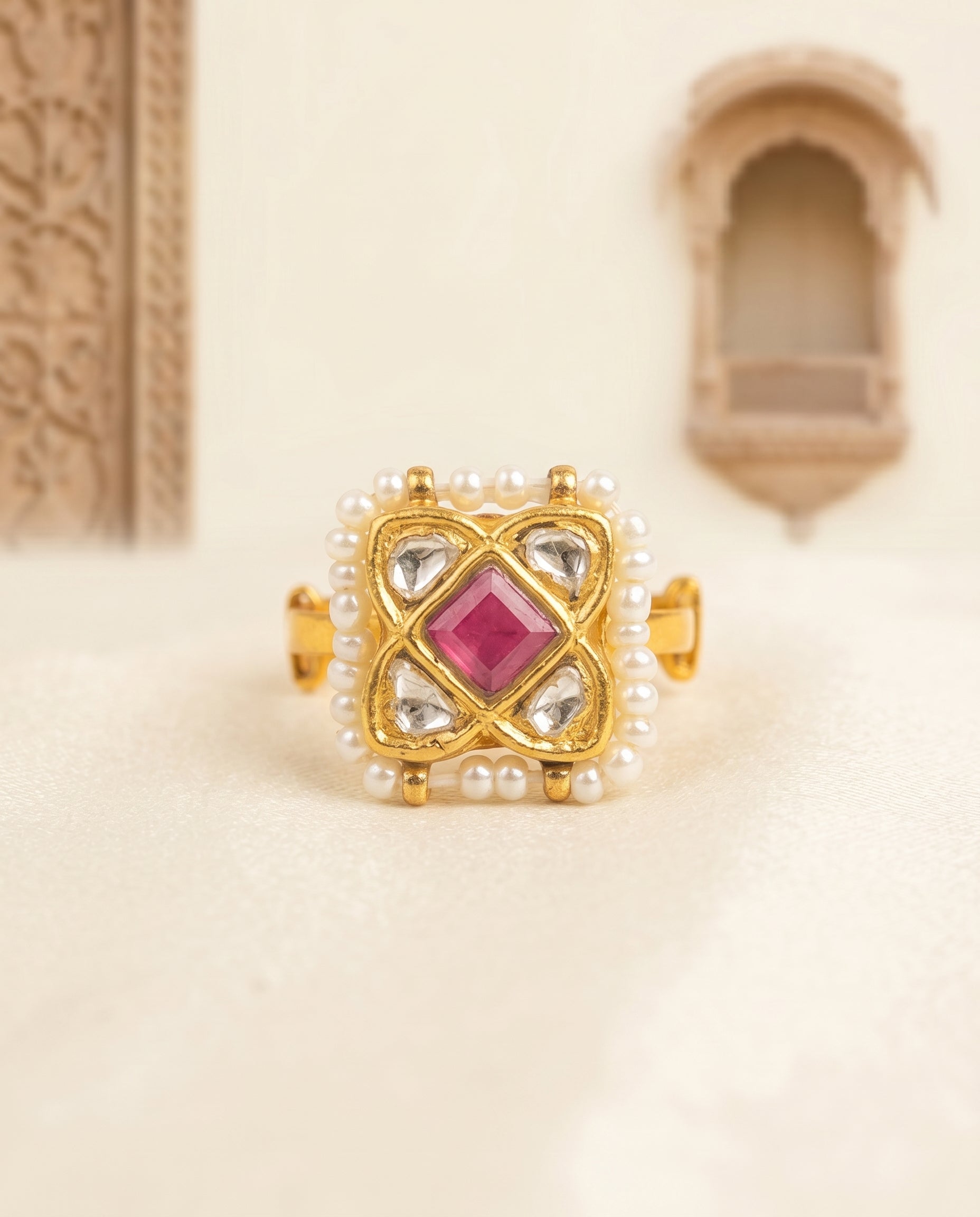 Handcrafted 22kt Gold Pink Square Ring with Certified Syndicate Polki and Pink Semi Precious Stone in Thapa Work