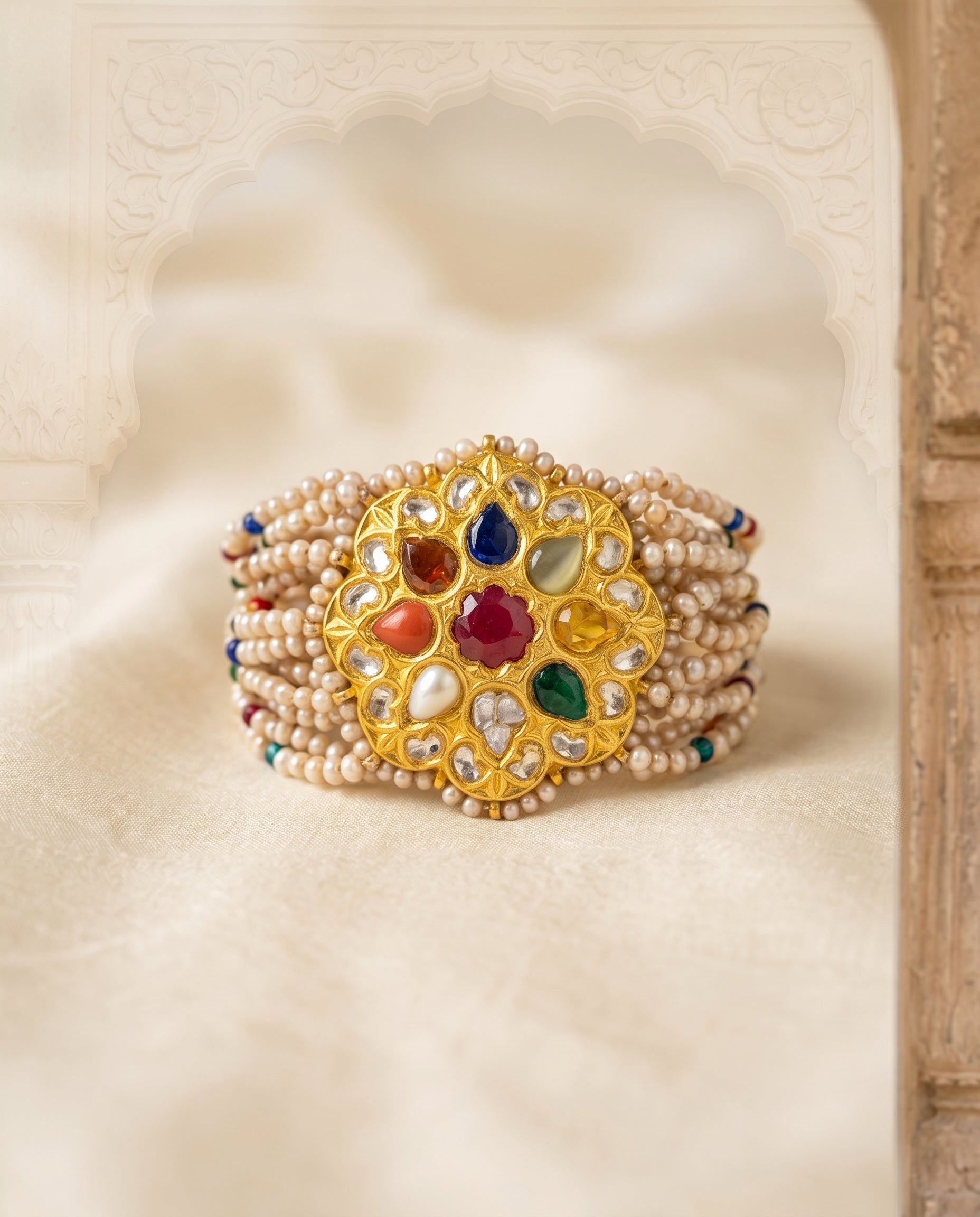 Handcrafted 22kt Gold Navratan Bracelet with 2 Carat Certified Syndicate Polki and Multi-Colour Semi Precious Stones in Thapa Work