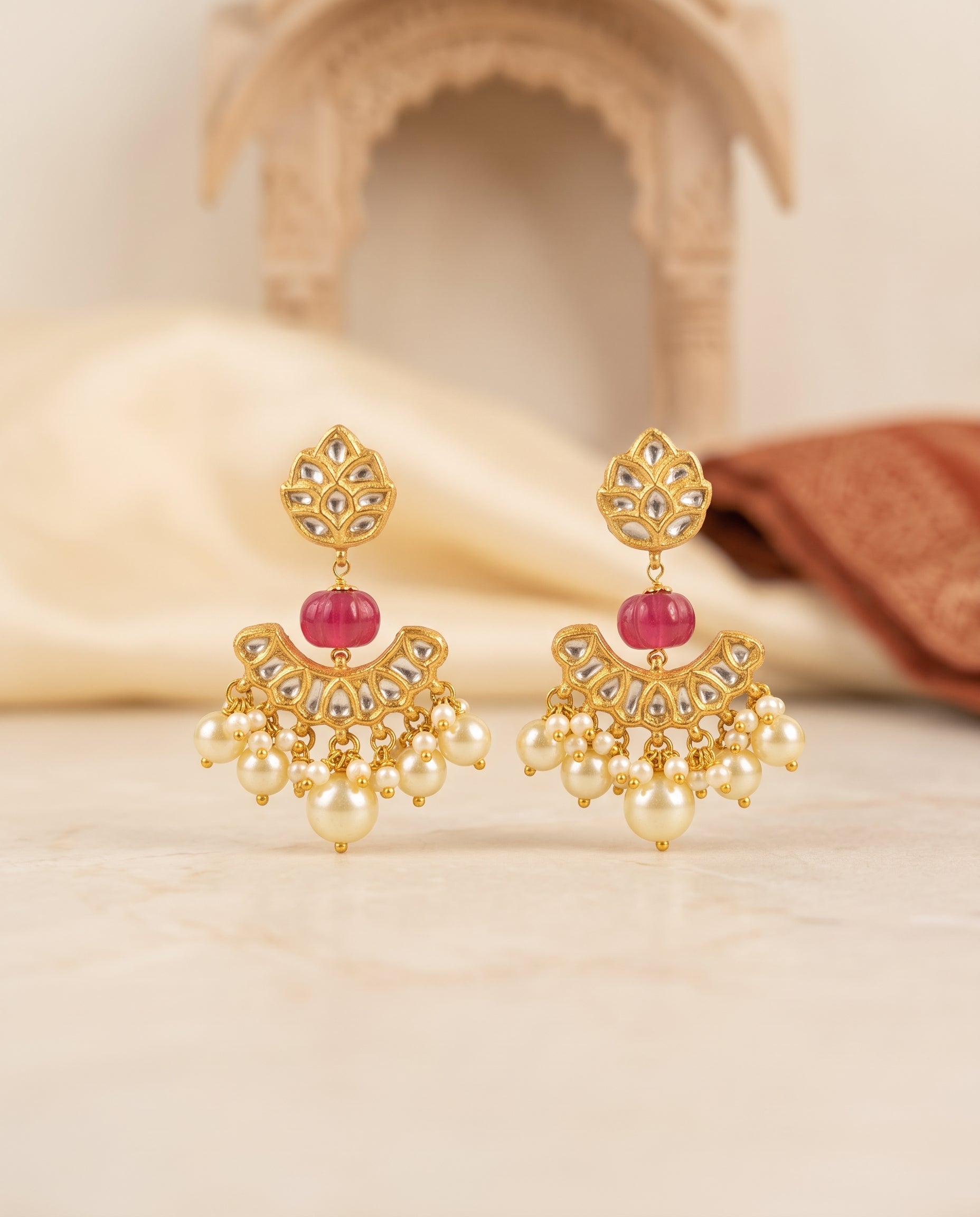 Handcrafted 22kt Gold Lotus Chand Earrings with 2 Carat Certified Syndicate Polki in Lotus and Crescent Thapa Work