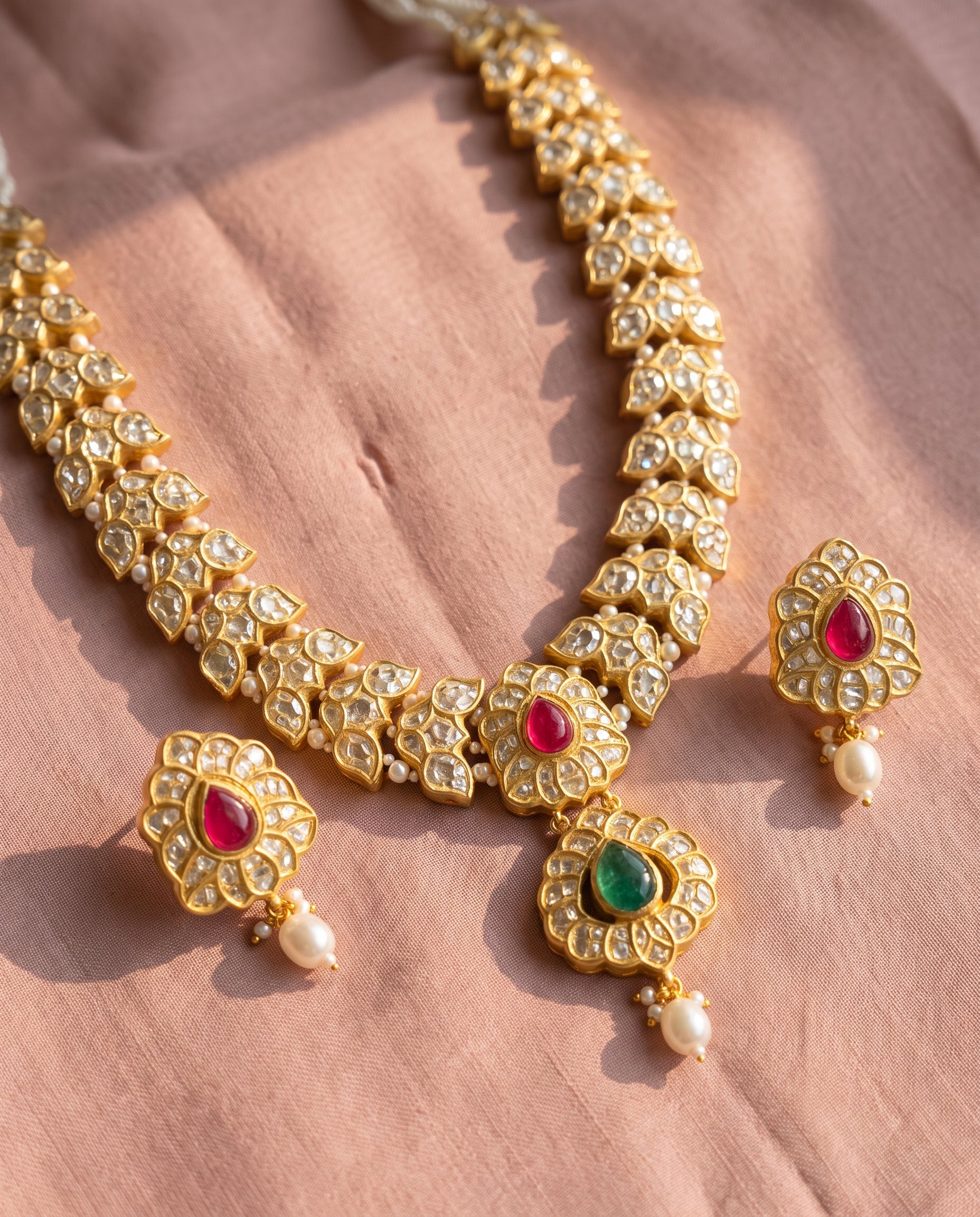 Handcrafted 22kt Gold Jakarti Necklace Set with Pendant and 7 Carat Certified Syndicate Polki in Thapa Work