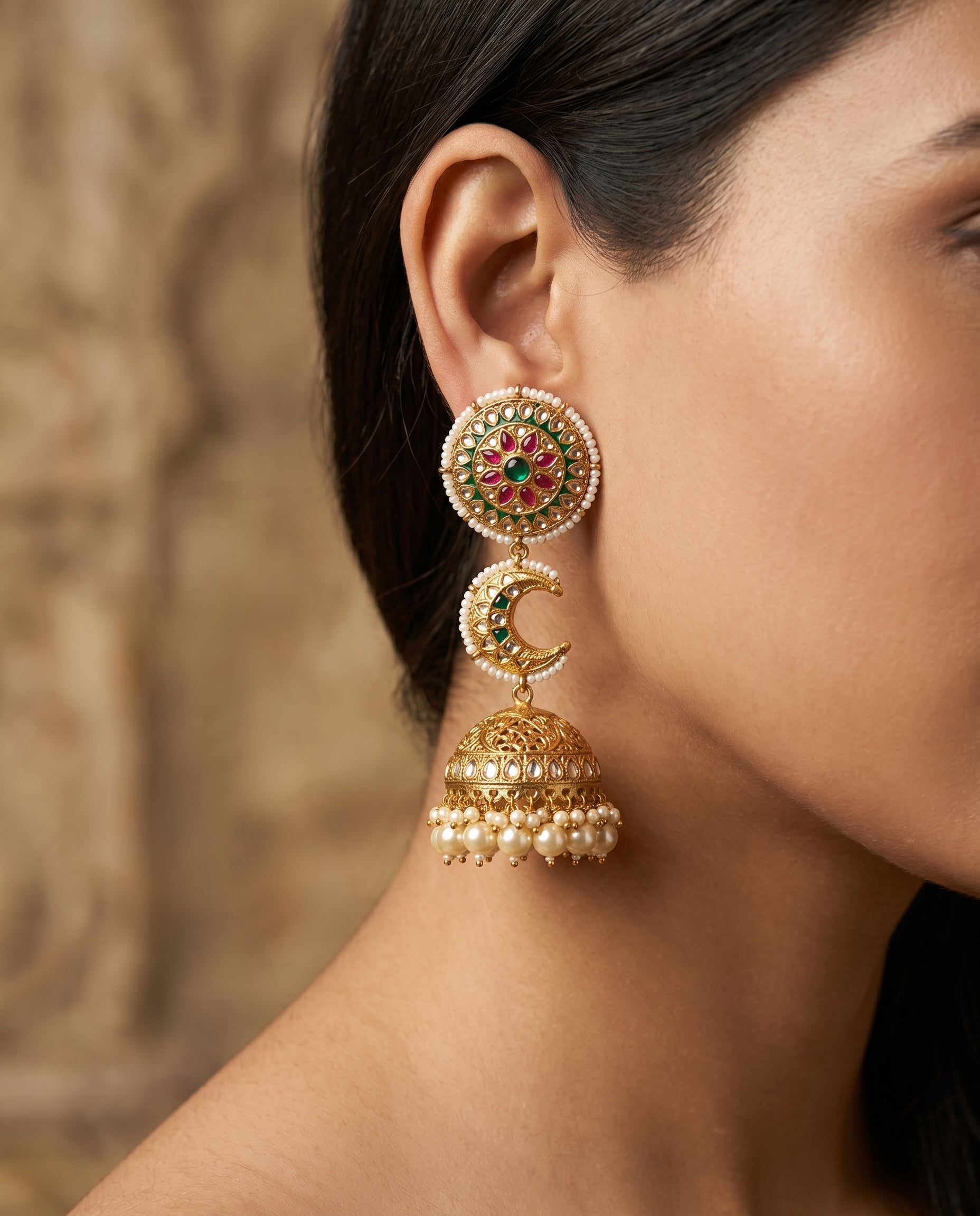 Handcrafted 22kt Gold Three Tier Chandbali Earrings with 4 Carat Certified Syndicate Polki in Cascading Crescent Thapa Work