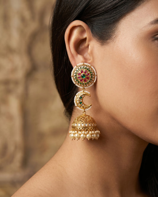 Handcrafted 22kt Gold Three Tier Chandbali Earrings with 4 Carat Certified Syndicate Polki in Cascading Crescent Thapa Work