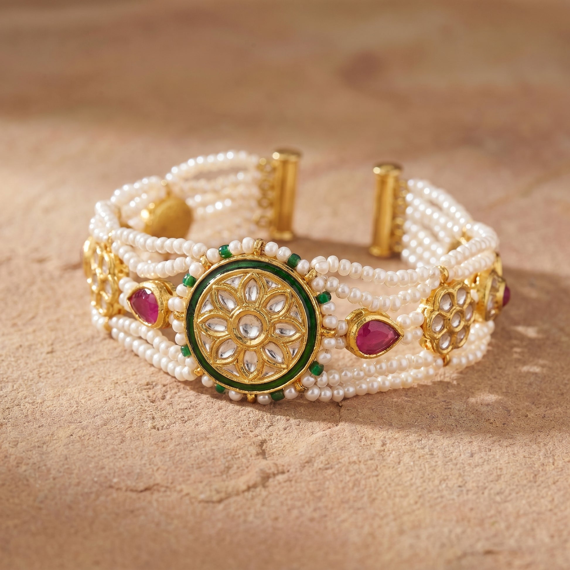Jharoka Pink green leaf bracelet | Vama Gears