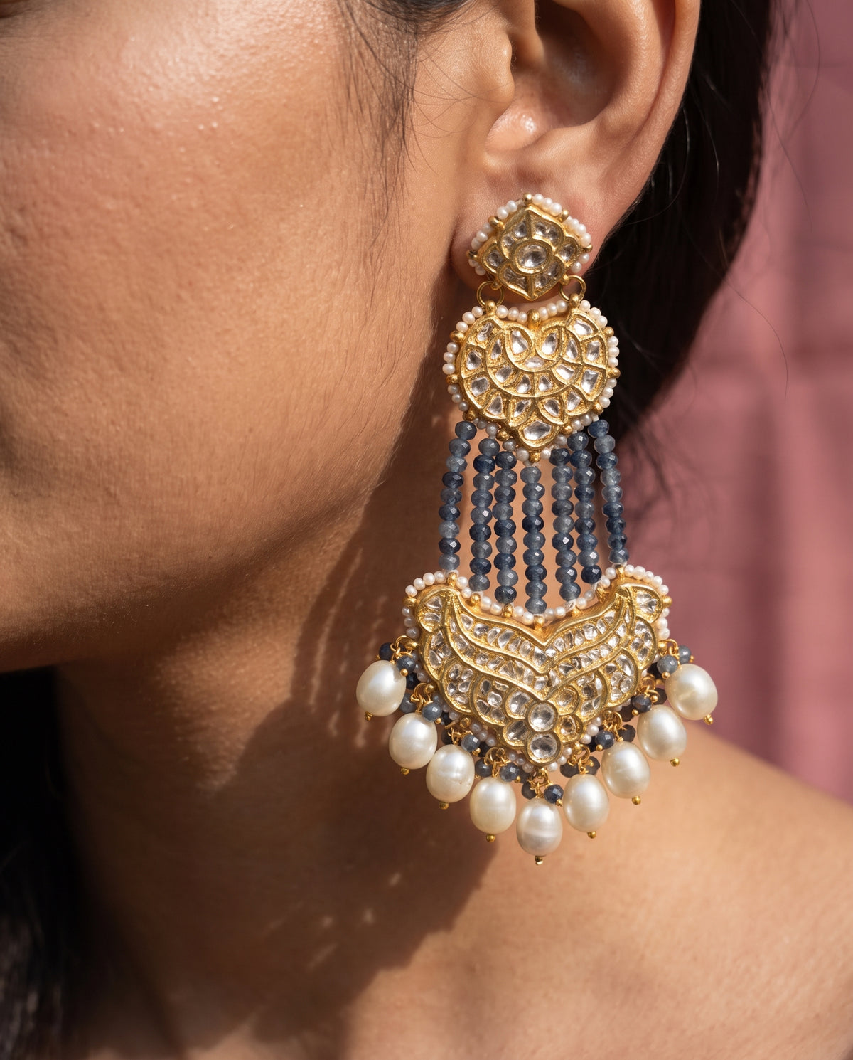 Handcrafted 22kt Gold Three Layer Chandbali Earrings with 5 Carat Certified Syndicate Polki and Blue Bead Drops in Cascading Crescent Thapa Work