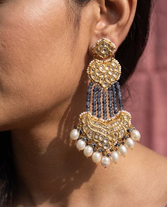 Handcrafted 22kt Gold Three Layer Chandbali Earrings with 5 Carat Certified Syndicate Polki and Blue Bead Drops in Cascading Crescent Thapa Work