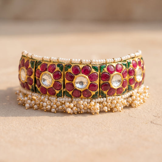 Handcrafted 22kt Gold Flower Bracelet cum Choker with 3.5 Carat Certified Syndicate Polki in Floral Thapa Work