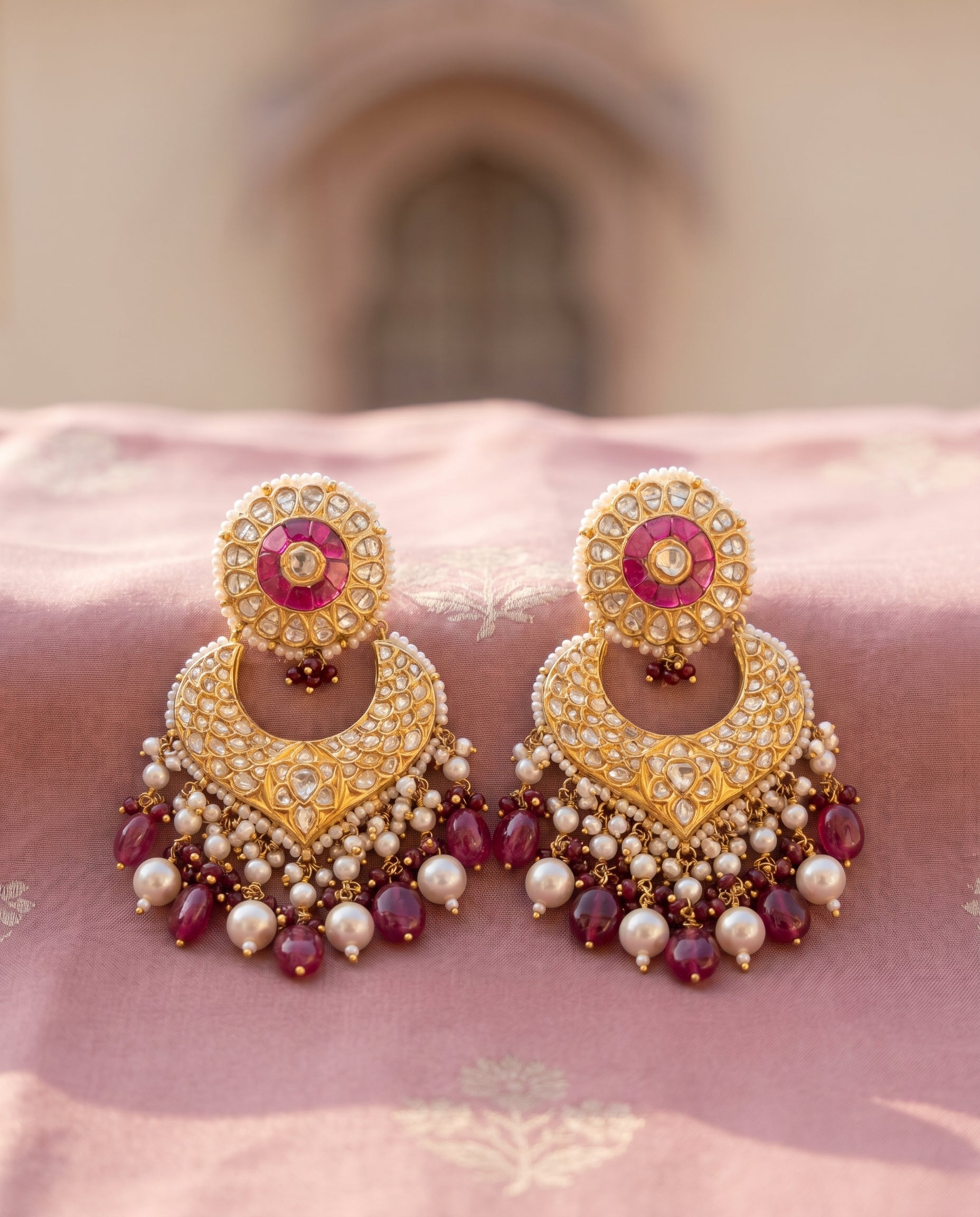 Jharoka Round pink chandballis | Vama Gears