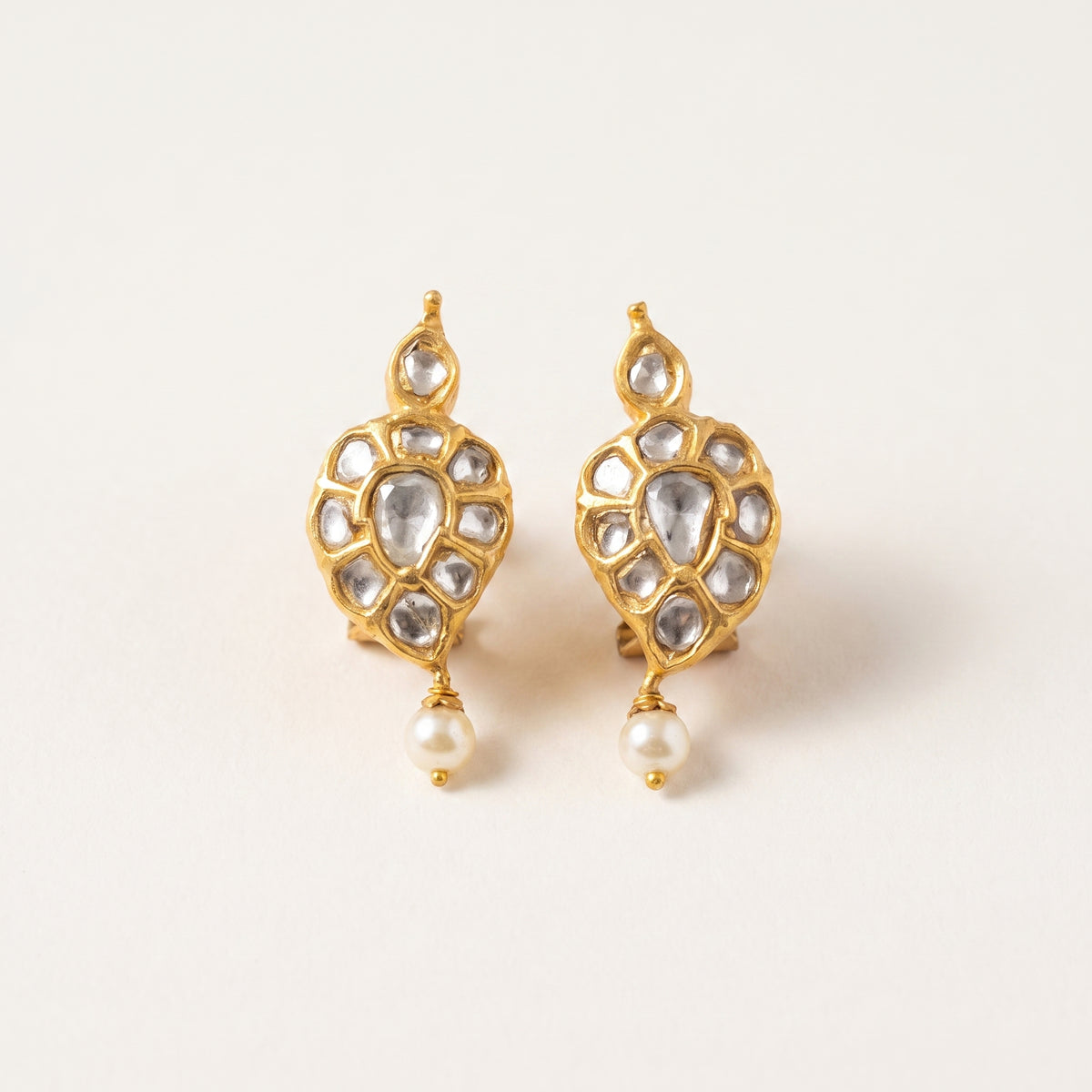 Handcrafted 22kt Gold Polki Mango Earrings with 2 Carat Certified Syndicate Polki in Mango Keri Motif Thapa Work