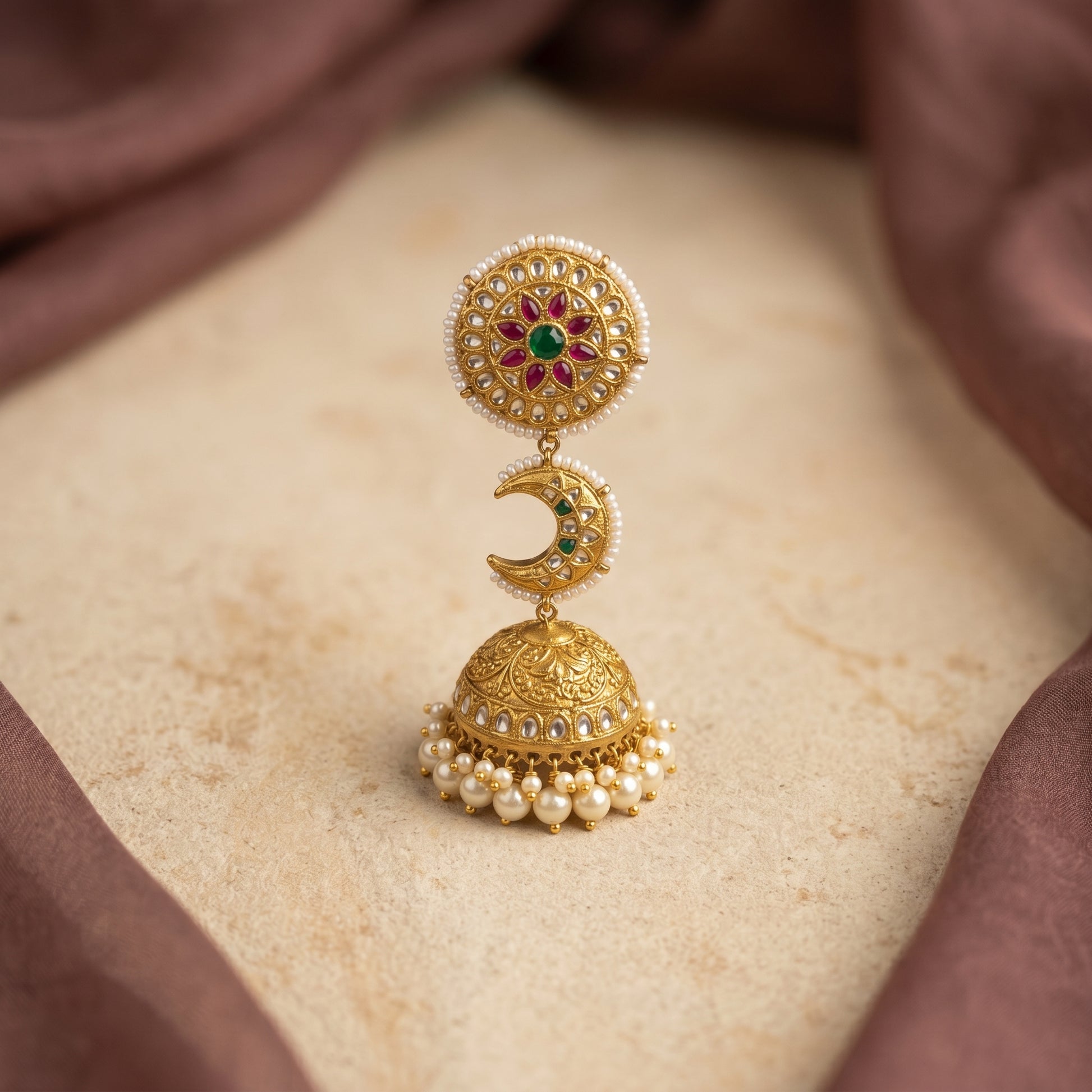 Handcrafted 22kt Gold Three Tier Chandbali Earrings with 4 Carat Certified Syndicate Polki in Cascading Crescent Thapa Work