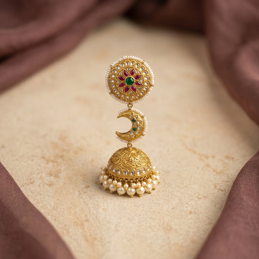 Handcrafted 22kt Gold Three Tier Chandbali Earrings with 4 Carat Certified Syndicate Polki in Cascading Crescent Thapa Work