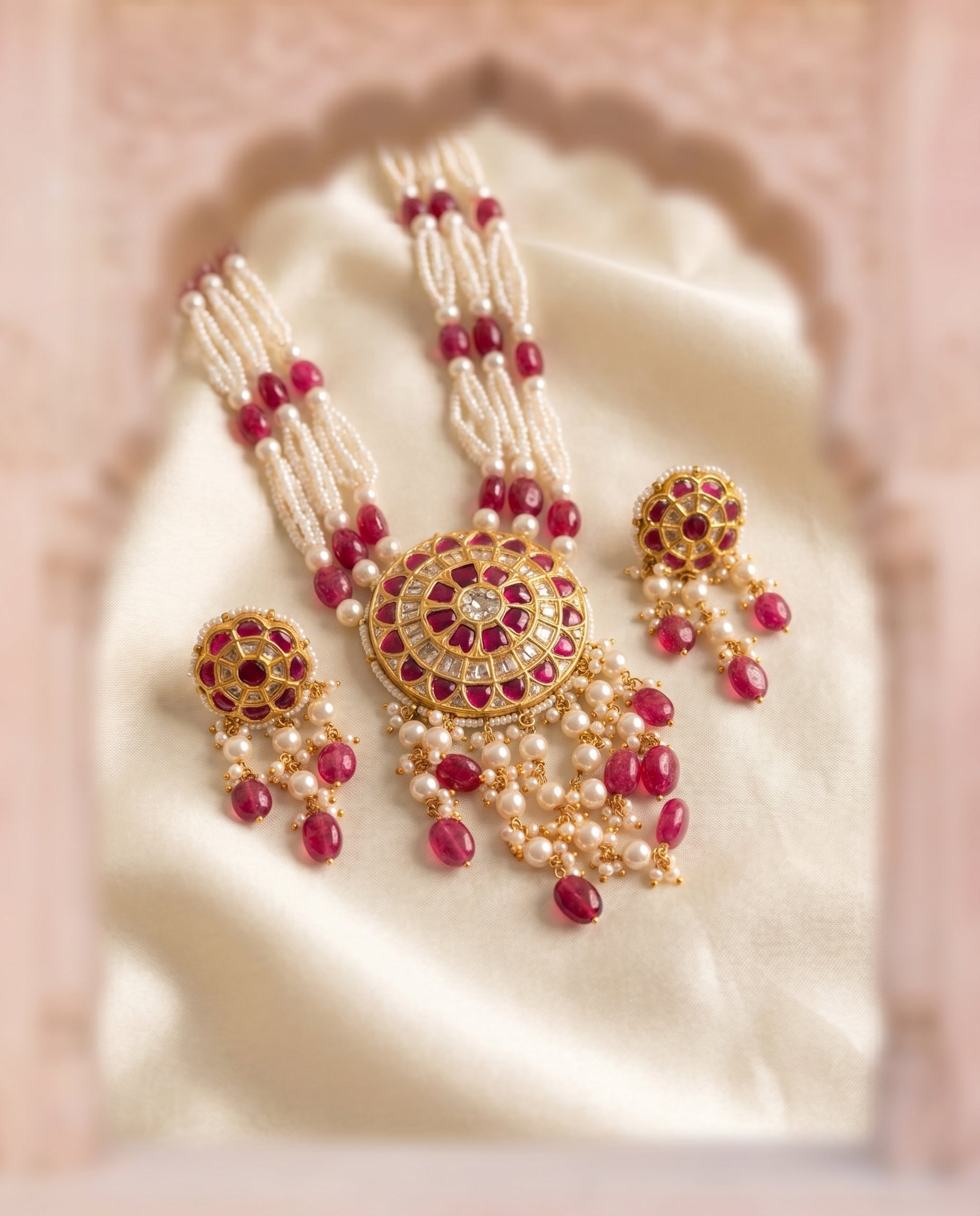 Jharoka Pink bloom necklace set | Vama Gears