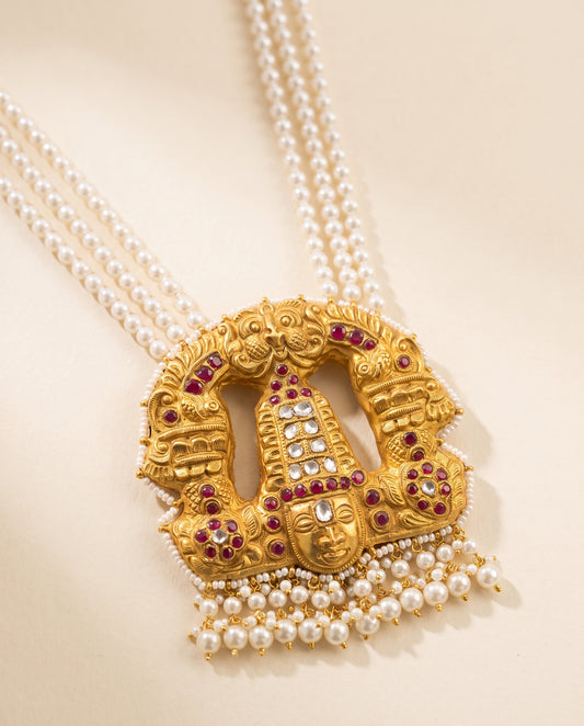 Handcrafted 22kt Gold Pearl Mala with Balaji Pendant Pearls and 4 Carat Certified Syndicate Polki in Thapa Work