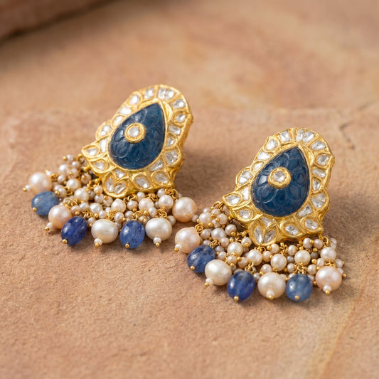 Jharoka Polki blue stone earrings | Vama Gears