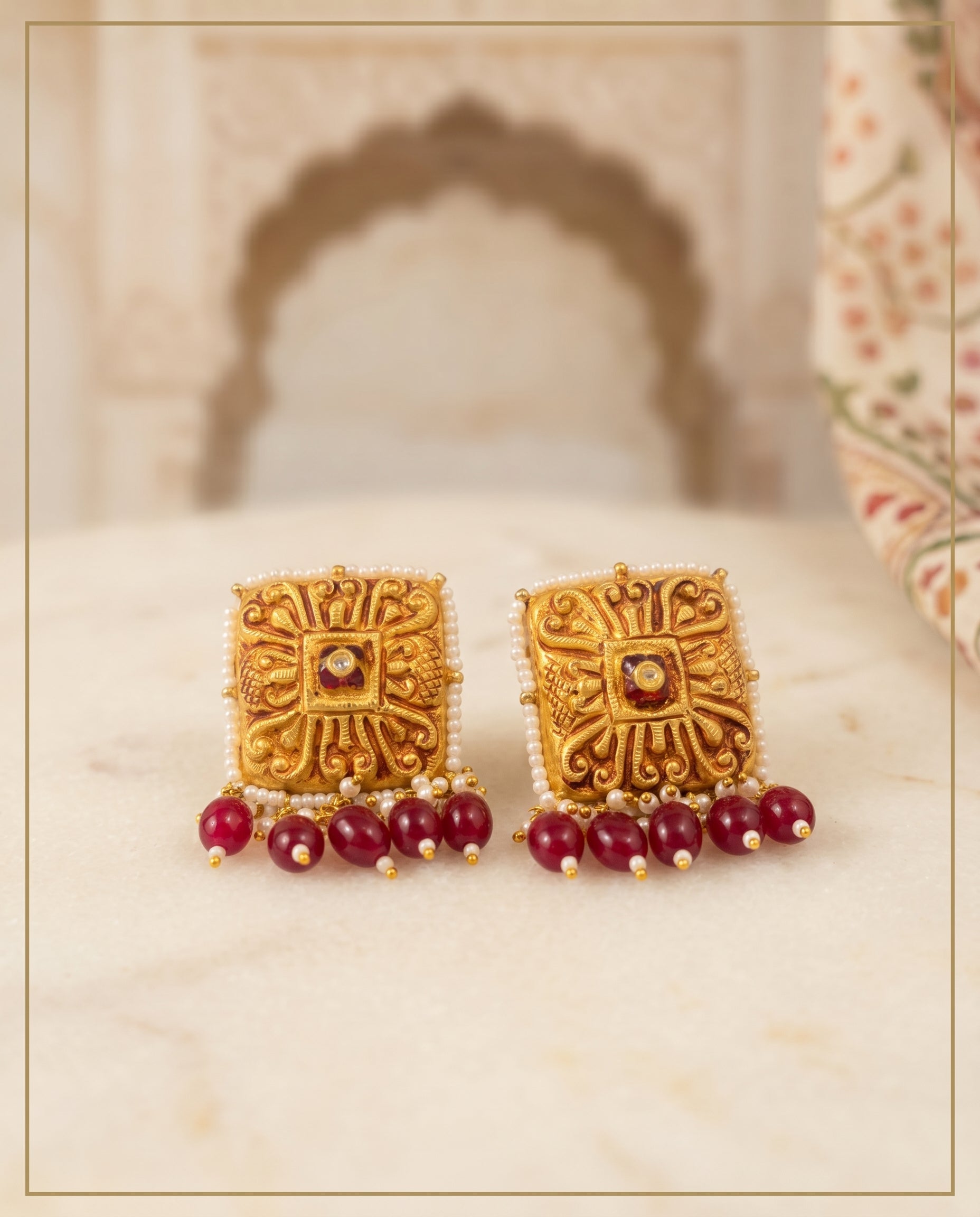 Handcrafted 22kt Gold Square Temple Earrings with Certified Syndicate Polki in Temple Motif Thapa Work