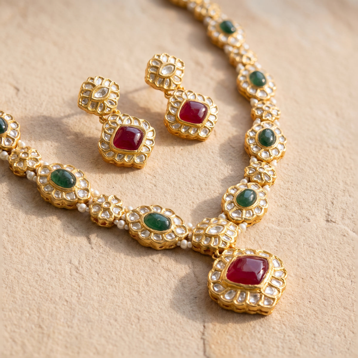 Handcrafted 22kt Gold Long Jakarti Set with Pendant and 10 Carat Certified Syndicate Polki in Thapa Work