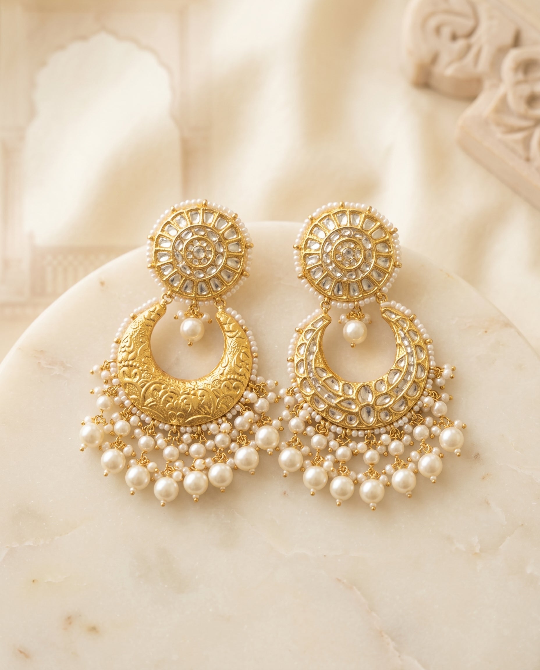 Handcrafted 22kt Gold All Polki Chandbali Earrings with 4 Carat Certified Syndicate Polki Across the Crescent in Thapa Work