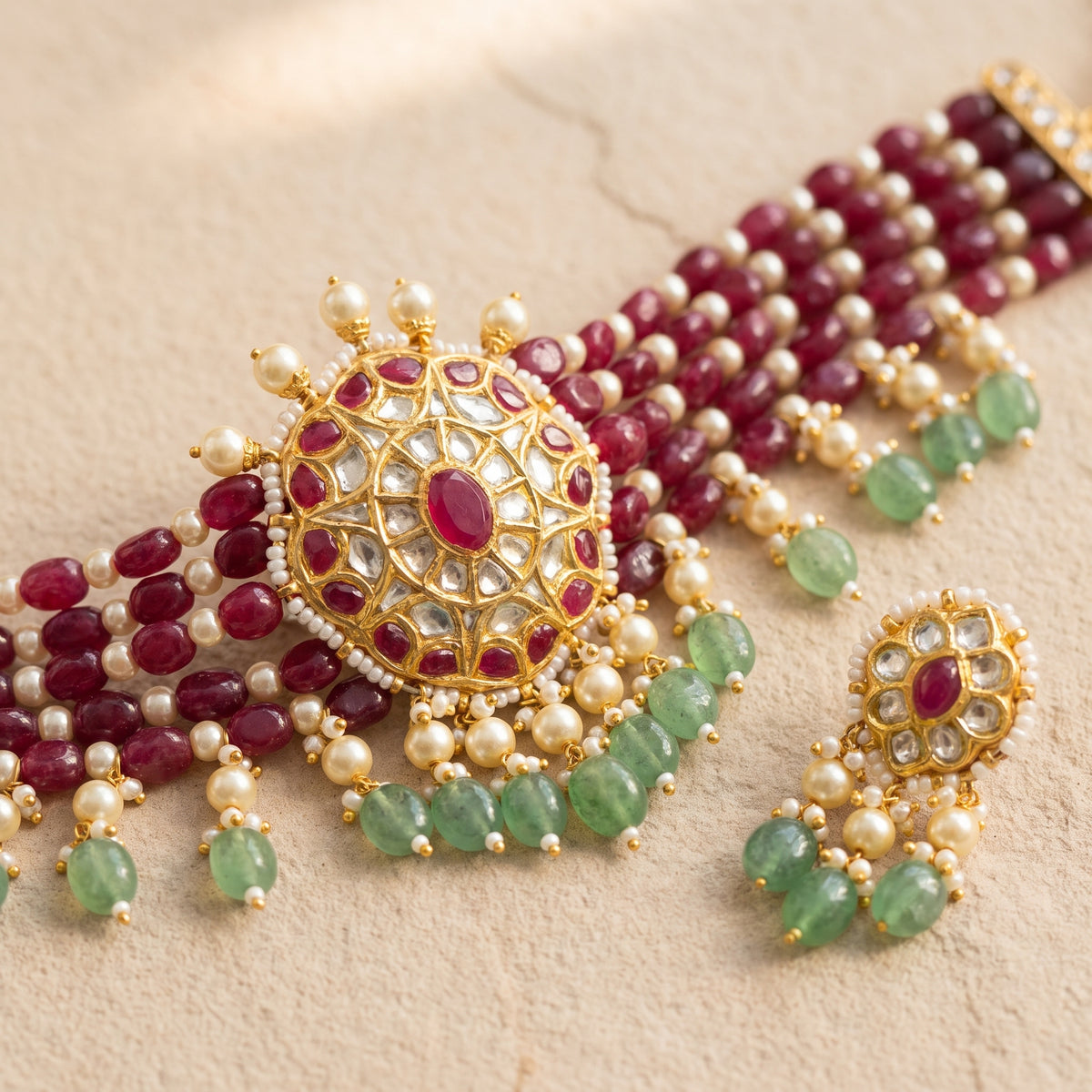 Handcrafted 22kt Gold Raj Meera Choker Set with 6 Carat Certified Syndicate Polki in Thapa Work