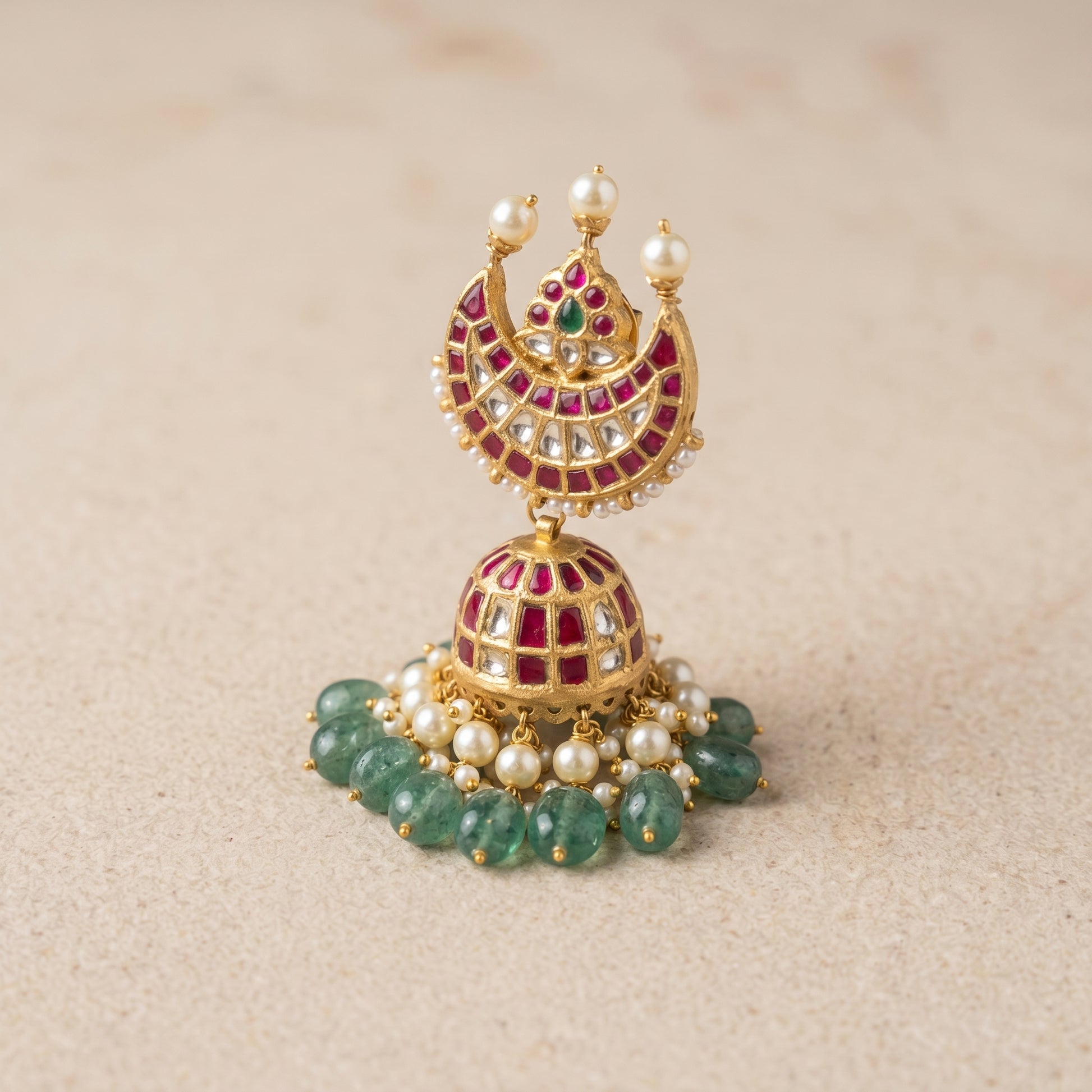 Handcrafted 22kt Gold Chand Jhumkas with Crescent Moon Top 4 Carat Certified Syndicate Polki in Thapa Work