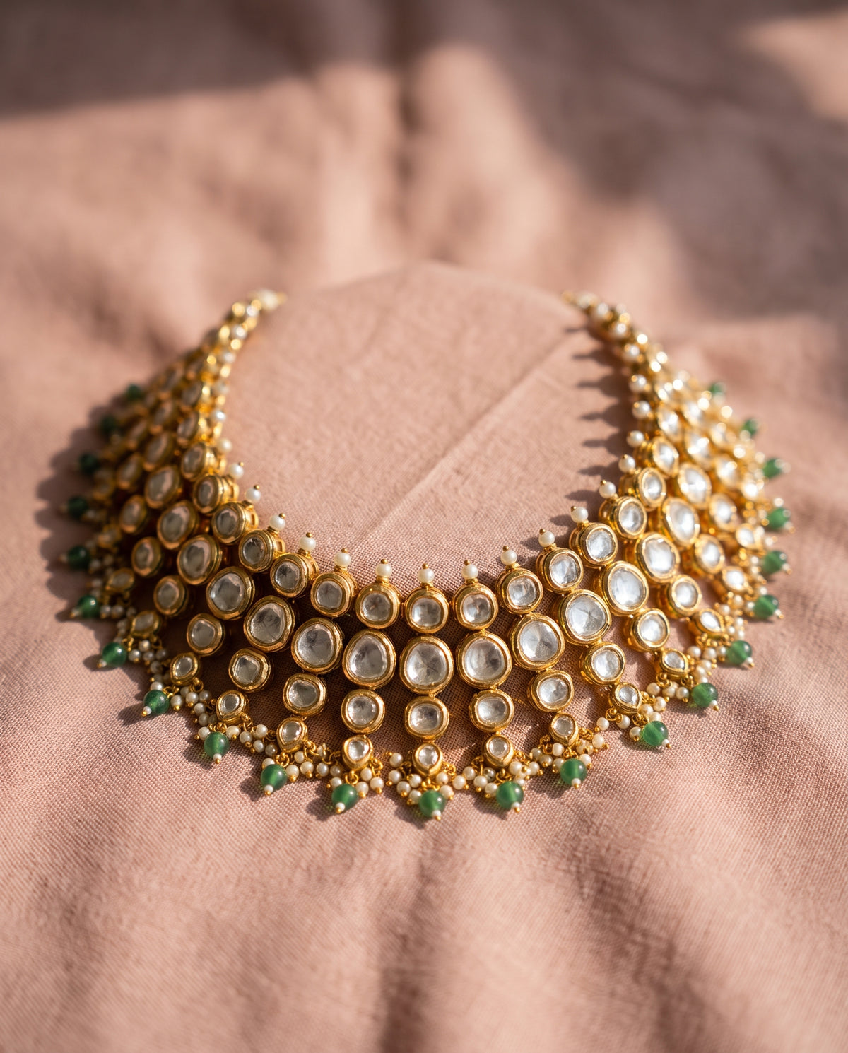 Handcrafted 22kt Gold Three Layer Set with 40 Carat Certified Syndicate Polki Across Three Strands in Thapa Work