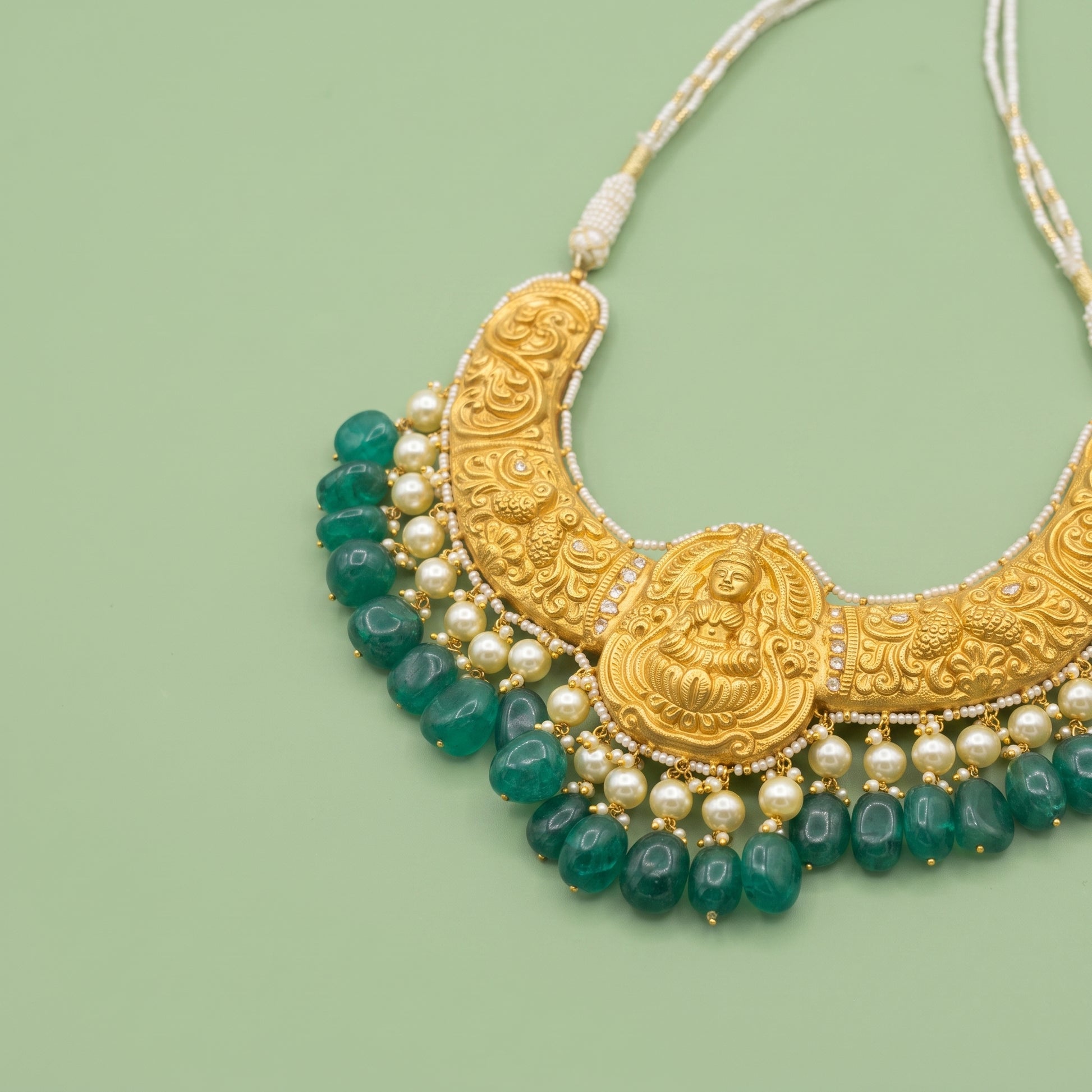 Handcrafted 22kt Gold Lakshmi Hasli Rigid Collar Necklace with Goddess Lakshmi Motif and 3 Carat Certified Syndicate Polki in Thapa Work