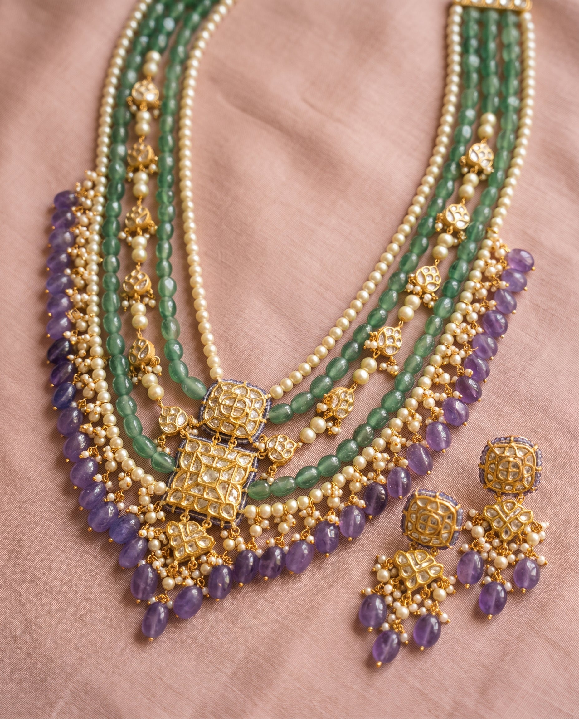 Handcrafted 22kt Gold Jakarti 5 Lad Five Strand Set with 10 Carat Certified Syndicate Polki in Thapa Work