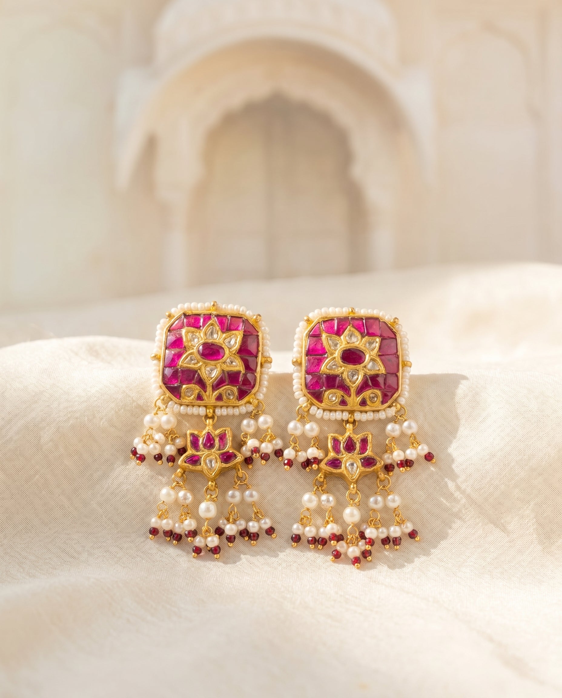 Jharoka Pink square lotus earrings | Vama Gears