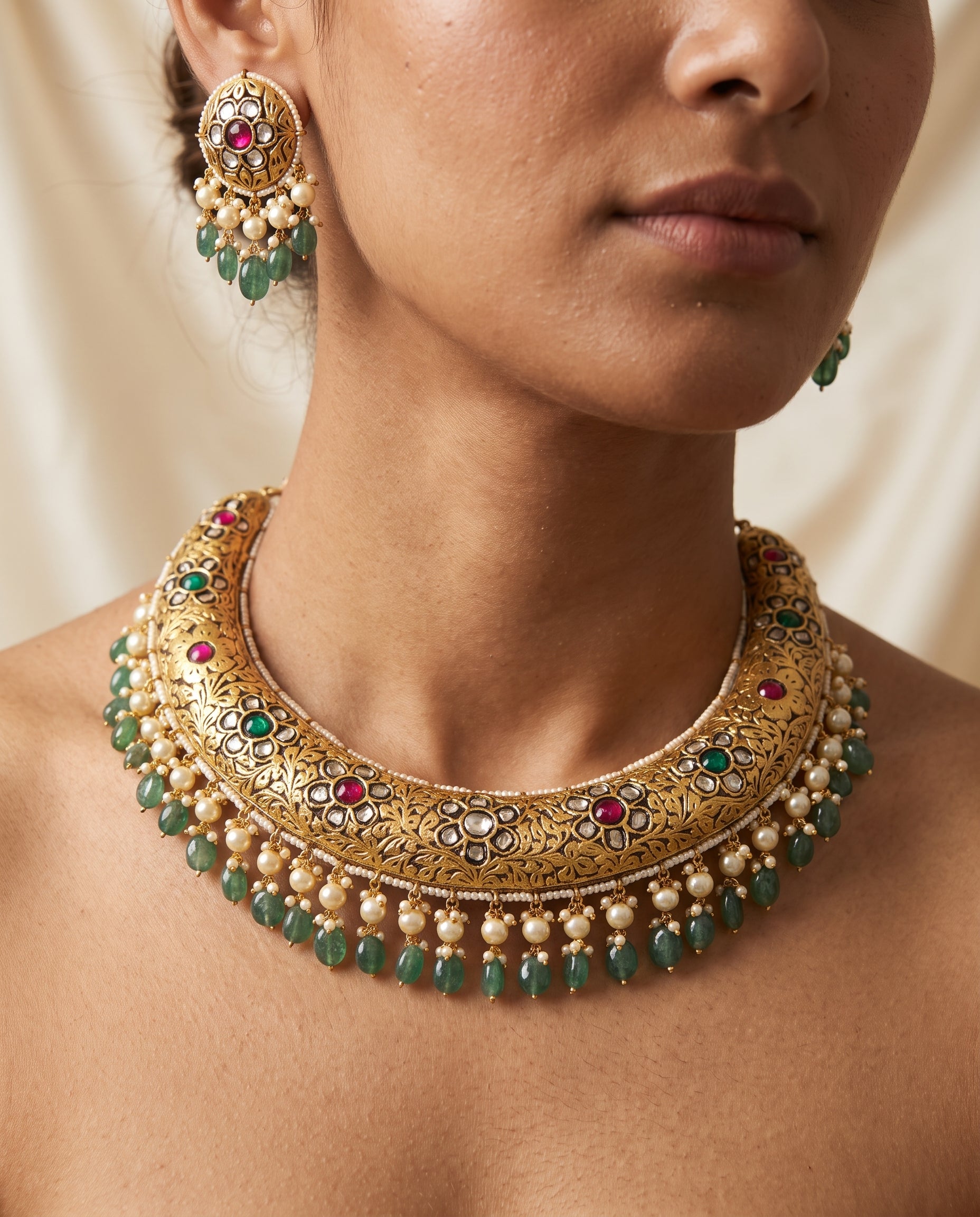 Handcrafted 22kt Gold Prataj Hasli Rigid Collar Necklace with 6 Carat Certified Syndicate Polki in Thapa Work
