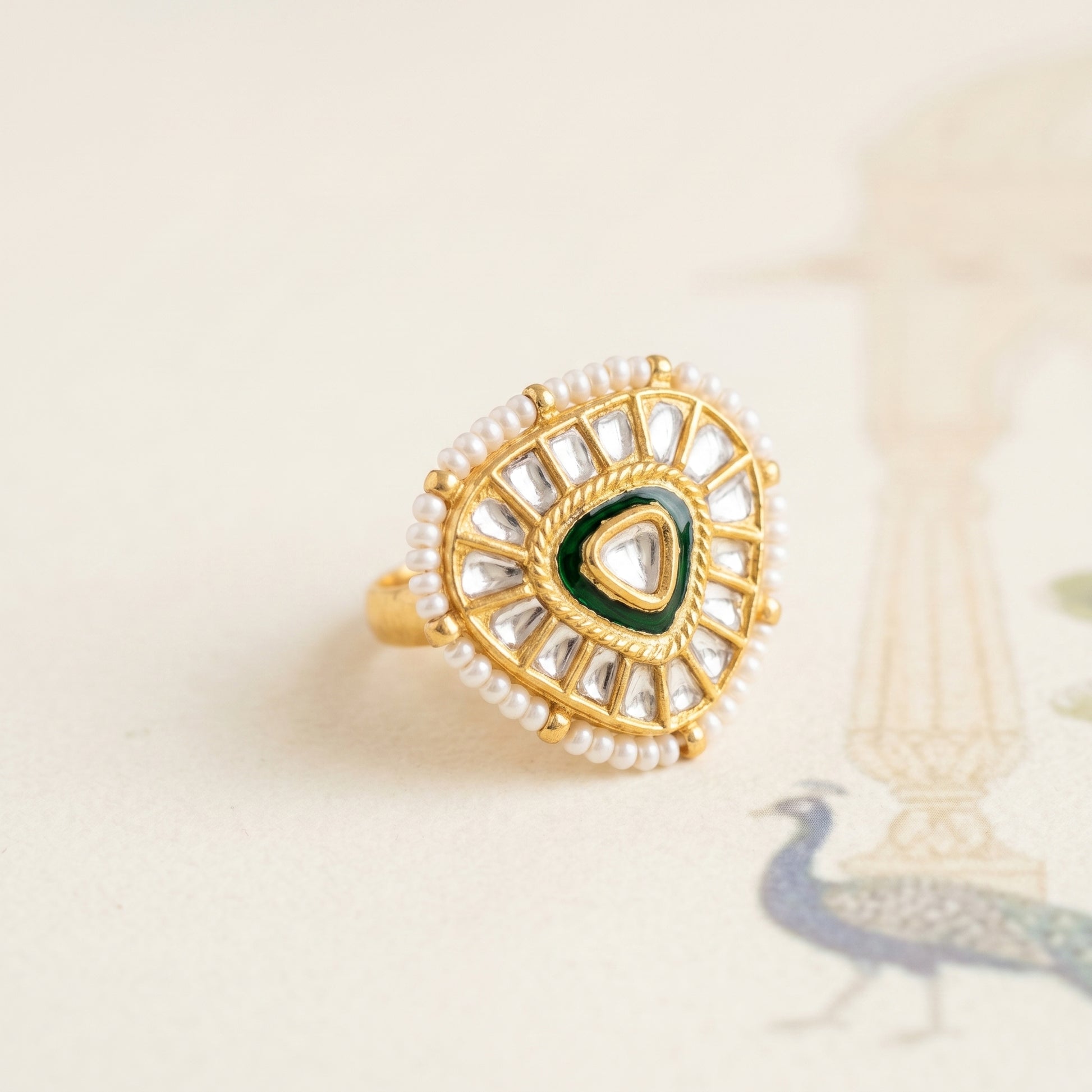 Handcrafted 22kt Gold Triangle Ring with Certified Syndicate Polki in Geometric Thapa Work