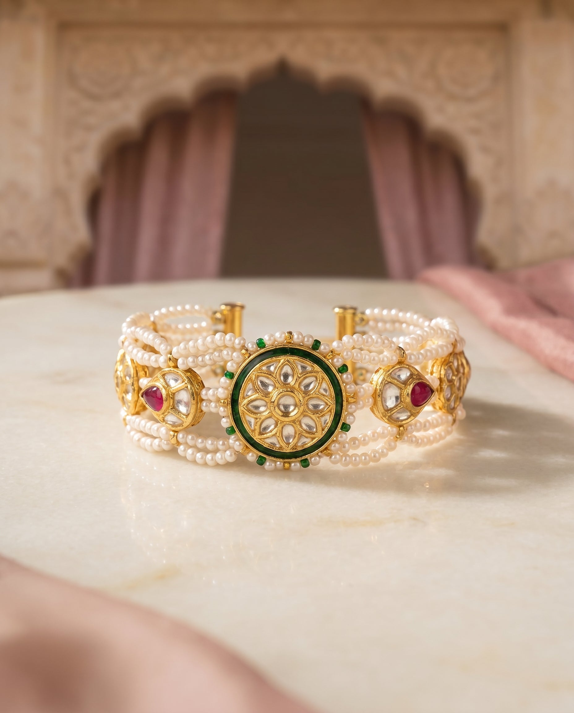Jharoka Pink green leaf bracelet | Vama Gears
