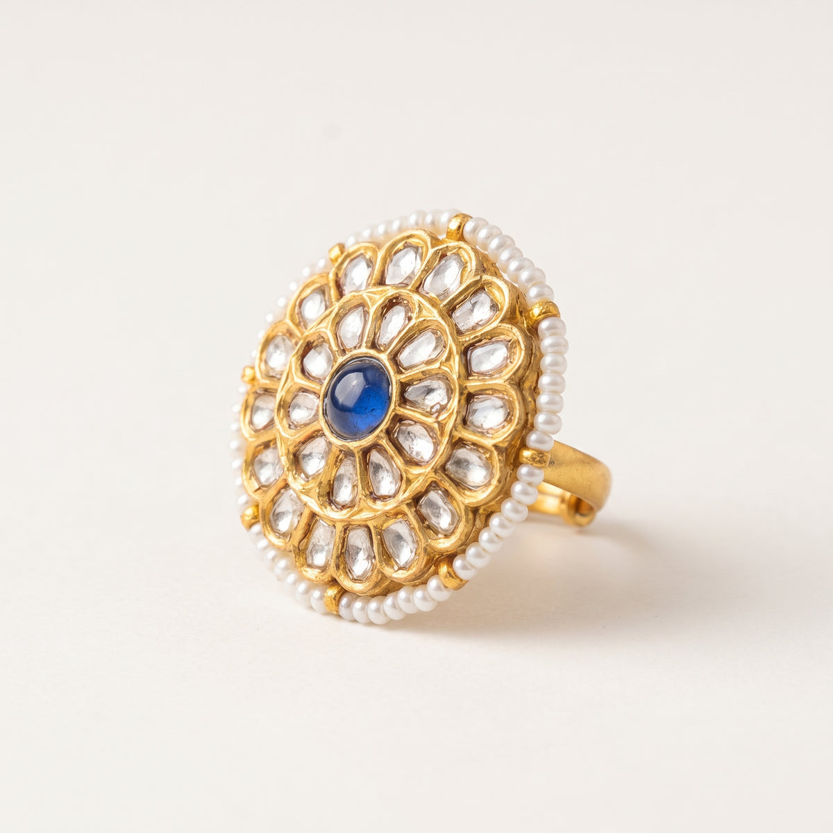 Handcrafted 22kt Gold Blue Meenakari Ring with Certified Syndicate Polki and Blue Meenakari Enamel Work in Thapa Work