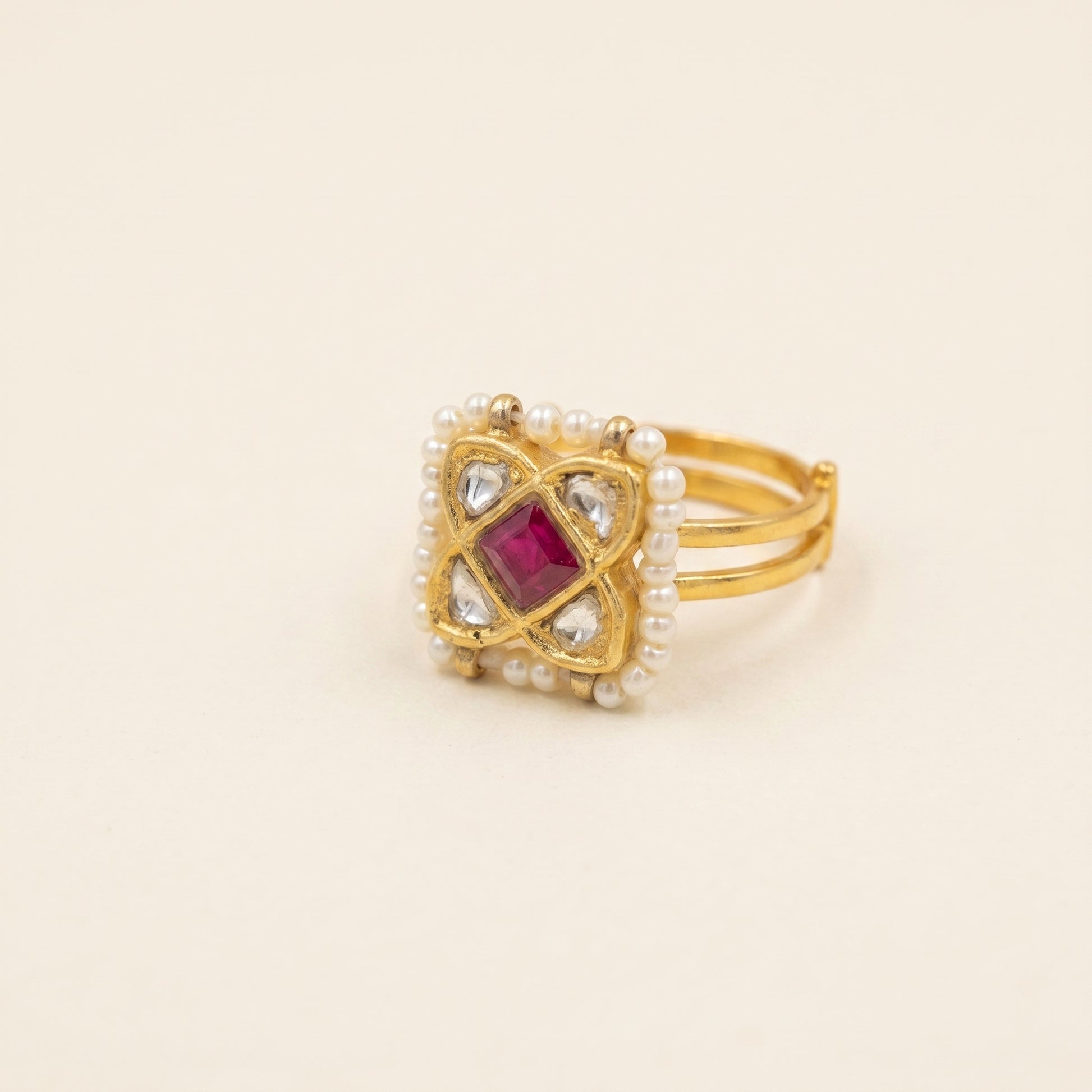 Handcrafted 22kt Gold Pink Square Ring with Certified Syndicate Polki and Pink Semi Precious Stone in Thapa Work